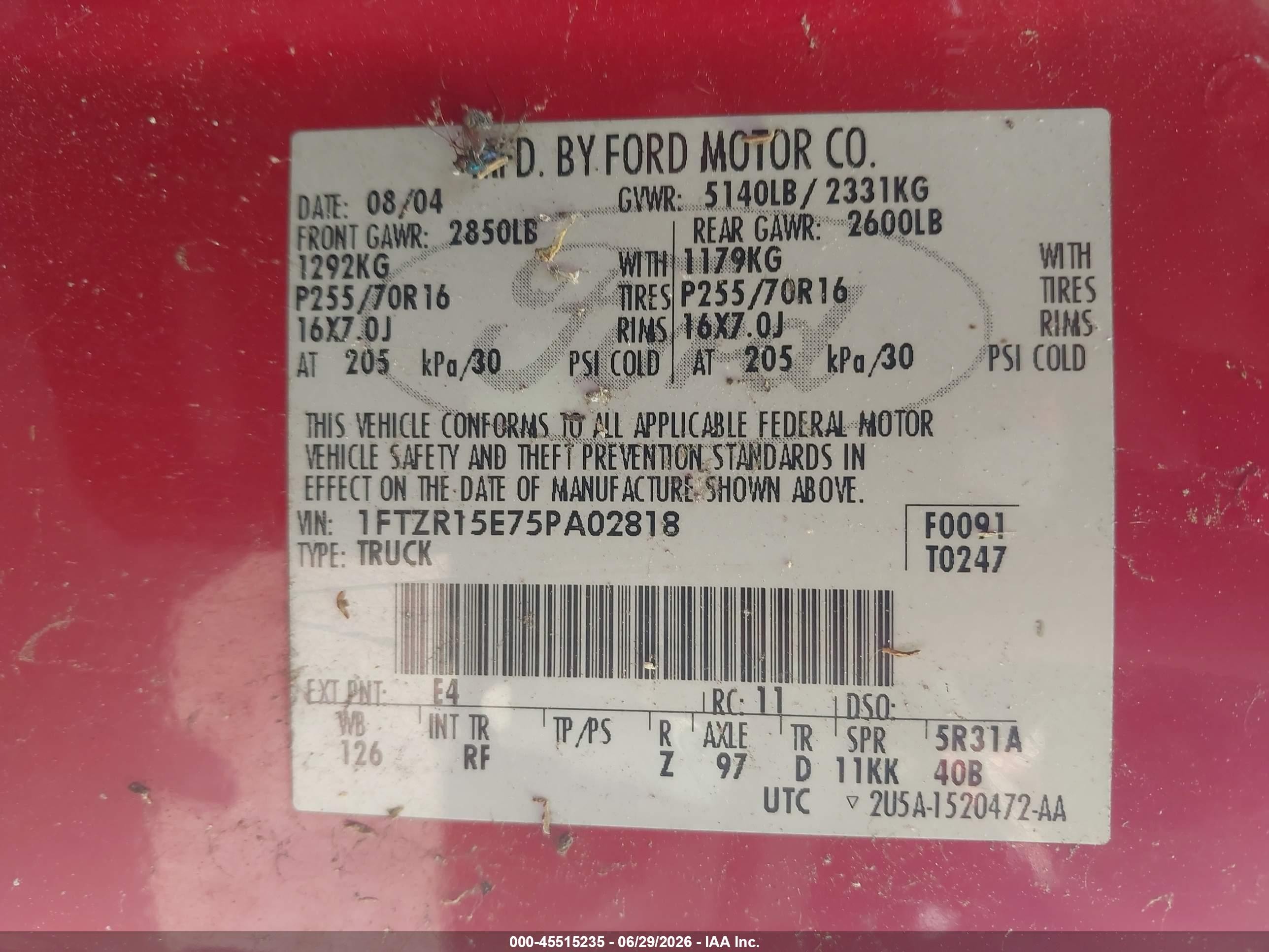2005 Ford Ranger Edge/xl/xlt Red vin: 1FTZR15E75PA02818
