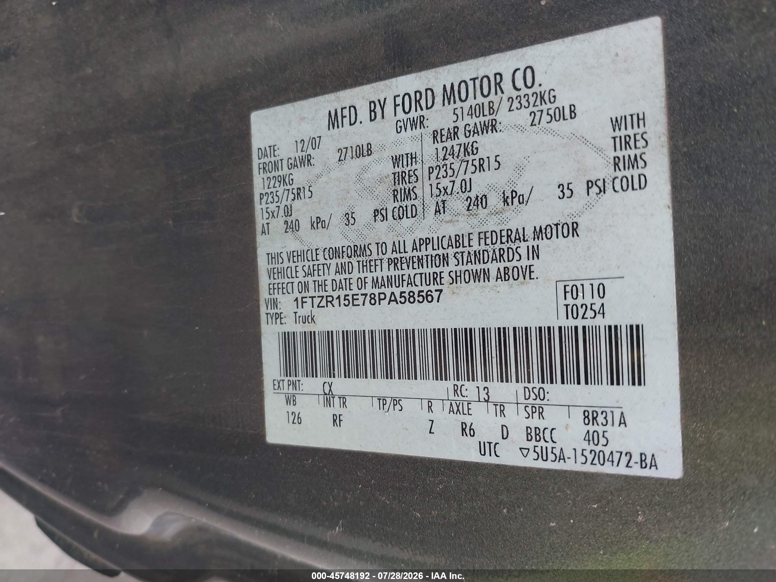 2008 Ford Ranger Fx4 Off-rd/sport/xl/xlt Gray vin: 1FTZR15E78PA58567
