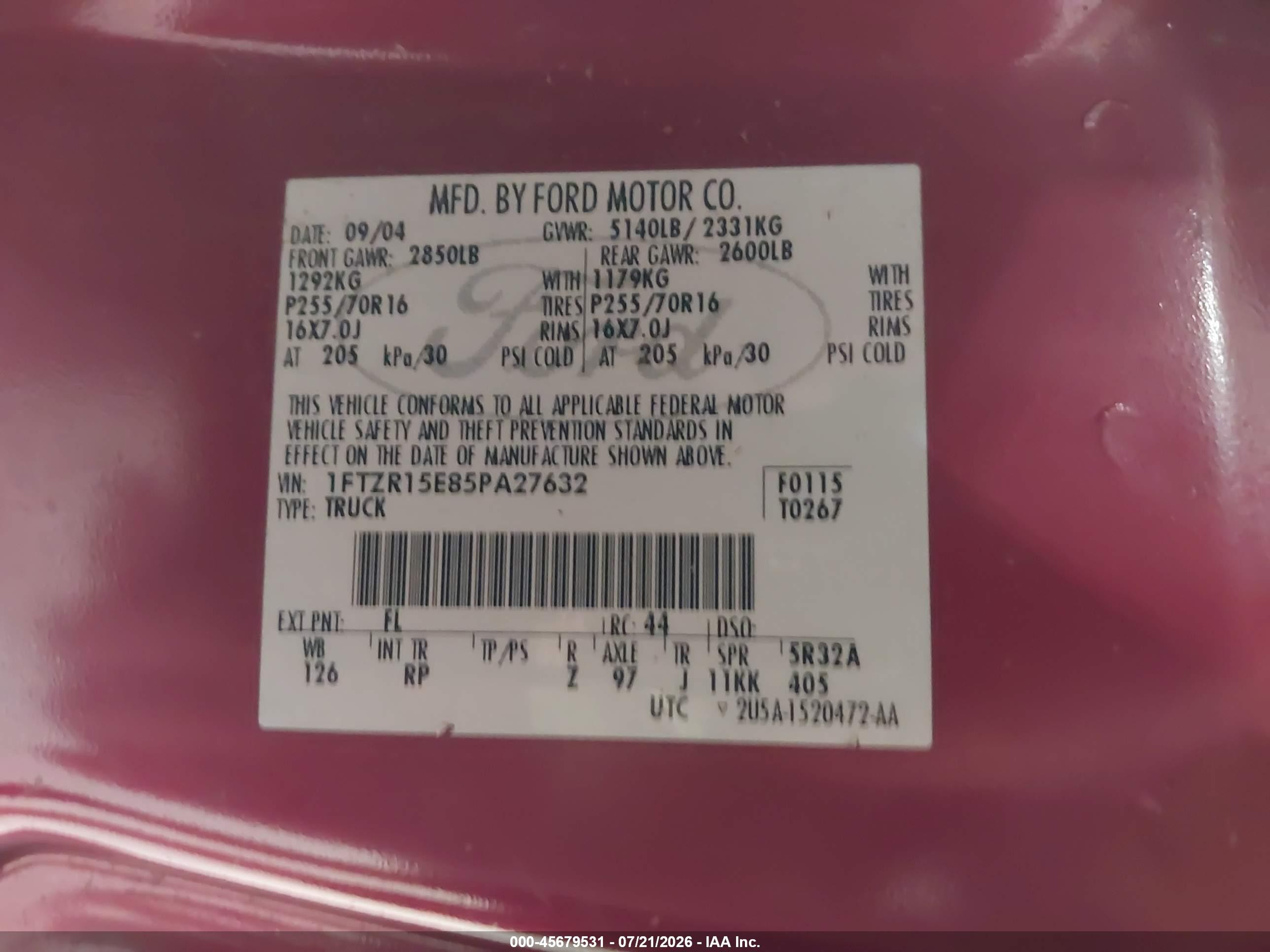 2005 Ford Ranger Edge/xl/xlt Red vin: 1FTZR15E85PA27632