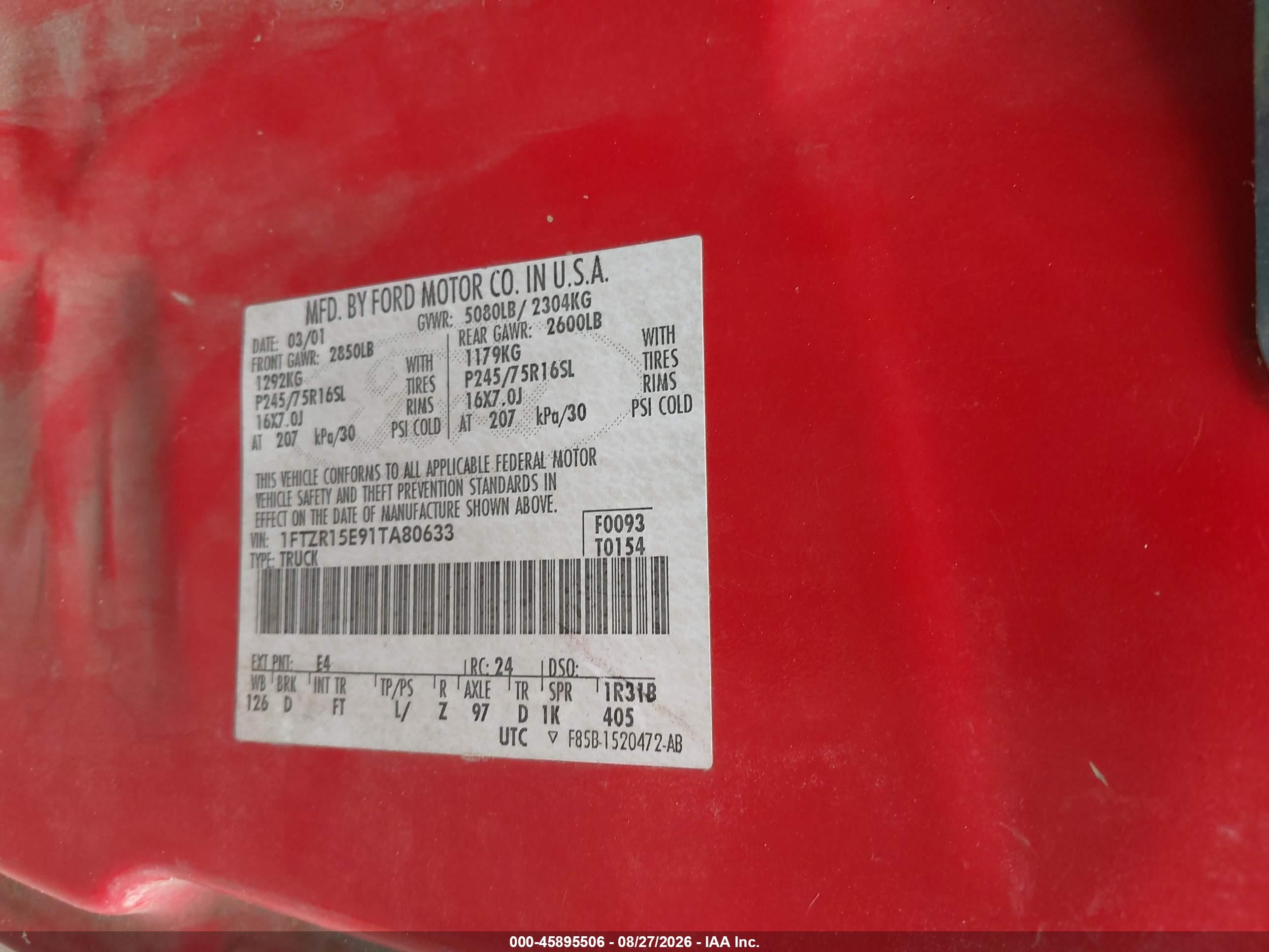 2001 Ford Ranger Edge/xlt Red vin: 1FTZR15E91TA80633