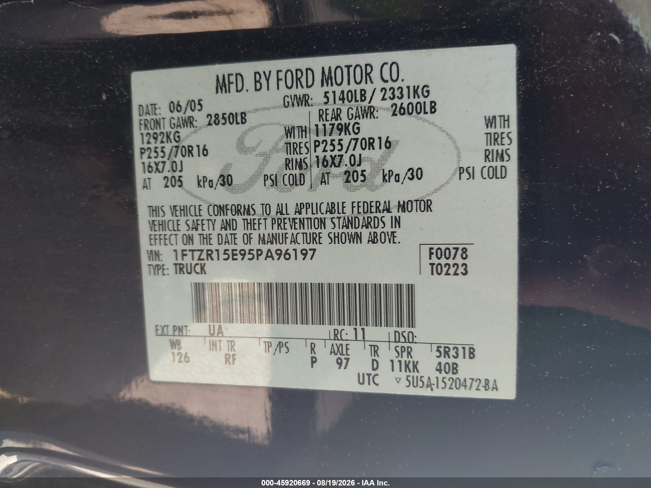 2005 Ford Ranger Edge/xl/xlt Черный vin: 1FTZR15E95PA96197