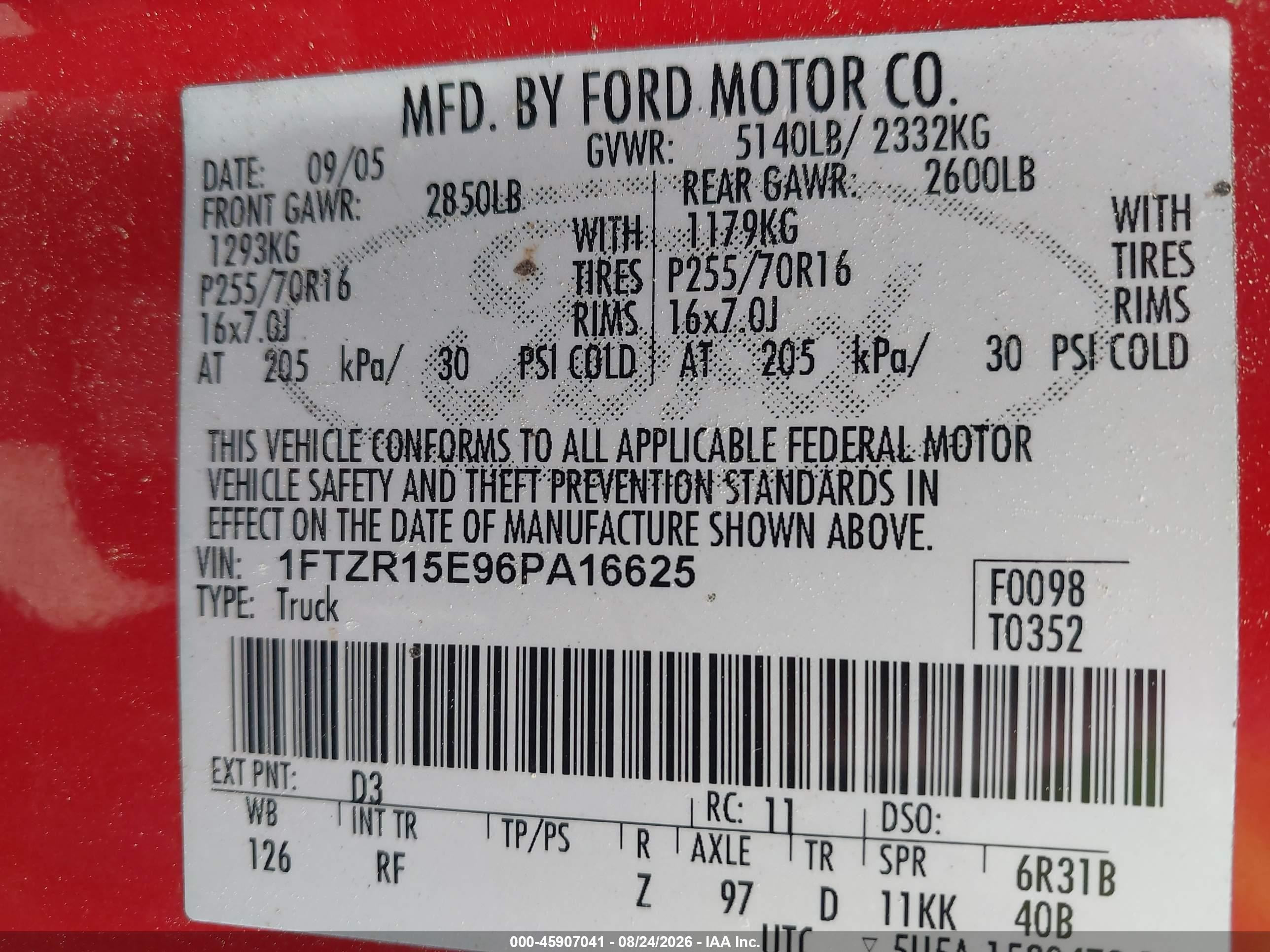 2006 Ford Ranger Fx4 Off-road/sport/xl/xlt Red vin: 1FTZR15E96PA16625