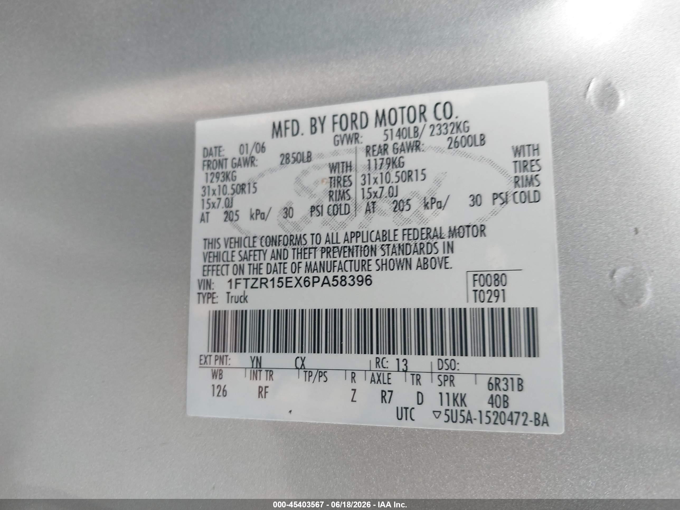 2006 Ford Ranger Fx4 Off-road/sport/xl/xlt Silver vin: 1FTZR15EX6PA58396