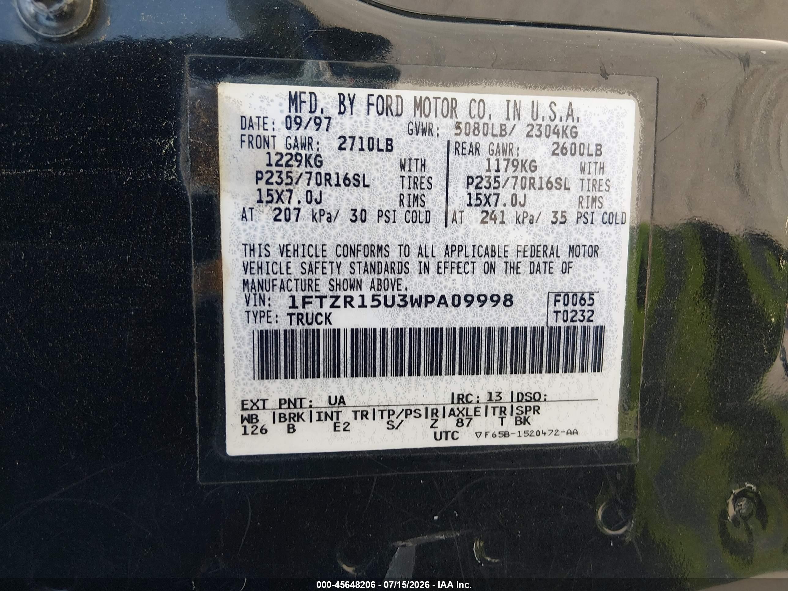 1998 Ford Ranger Splash/xl/xlt Black vin: 1FTZR15U3WPA09998