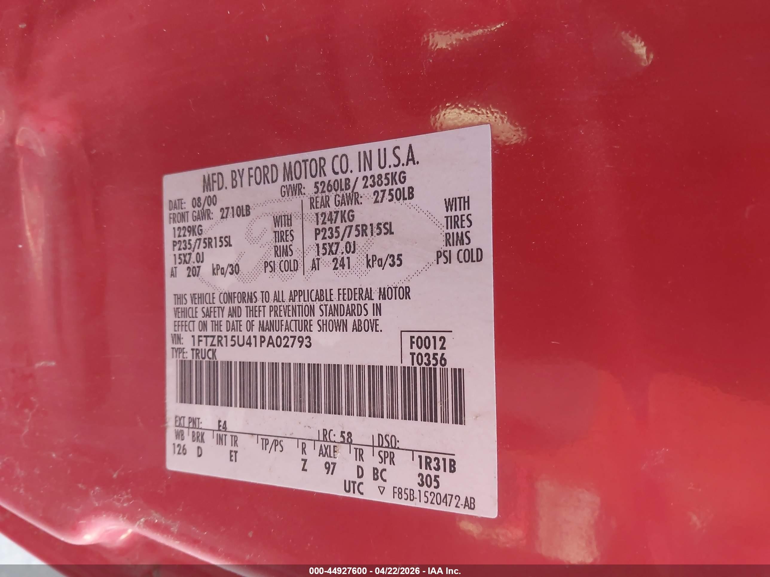 2001 Ford Ranger Edge/xlt Red vin: 1FTZR15U41PA02793