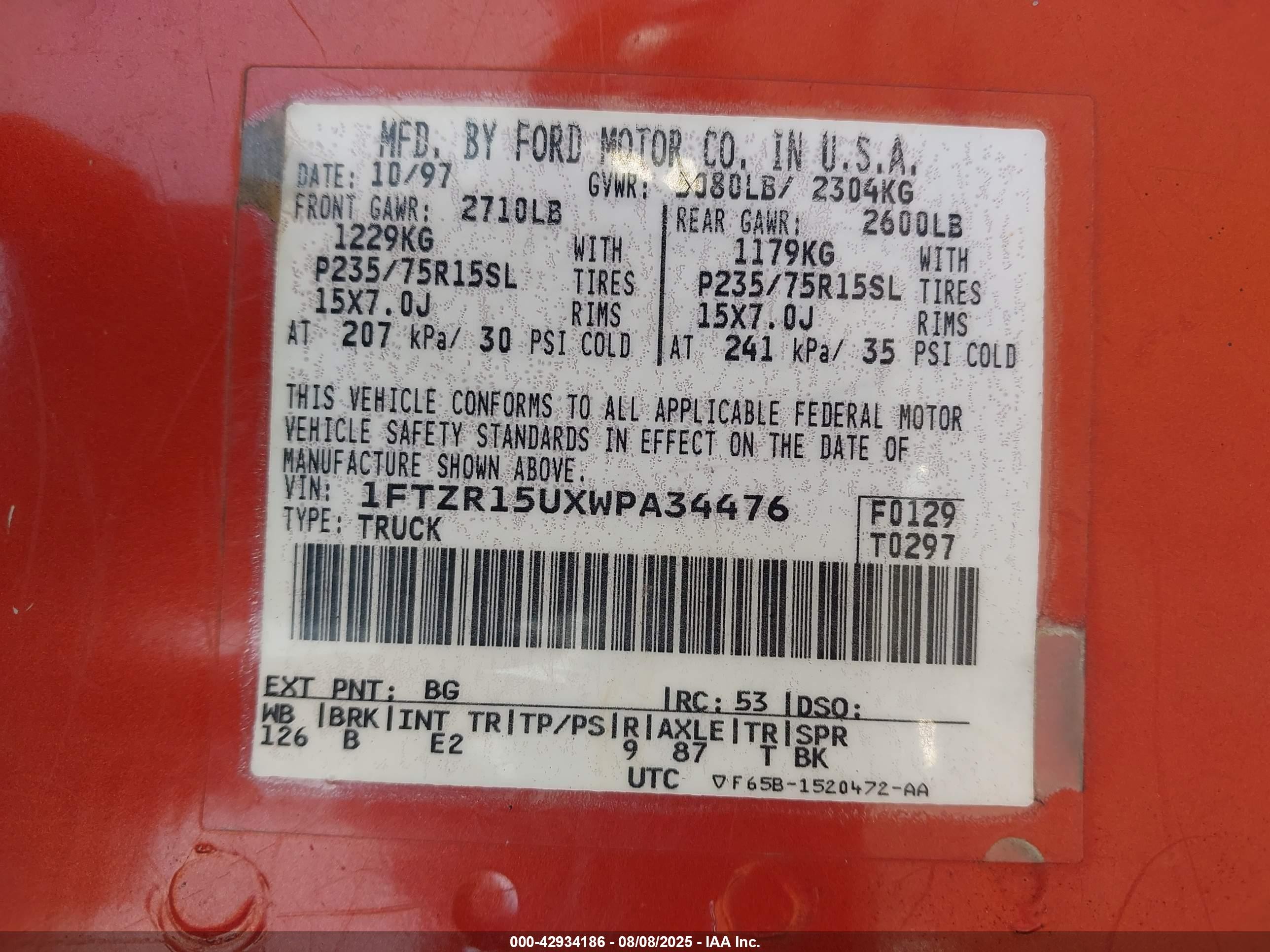 1998 Ford Ranger Splash/xl/xlt Orange vin: 1FTZR15UXWPA34476