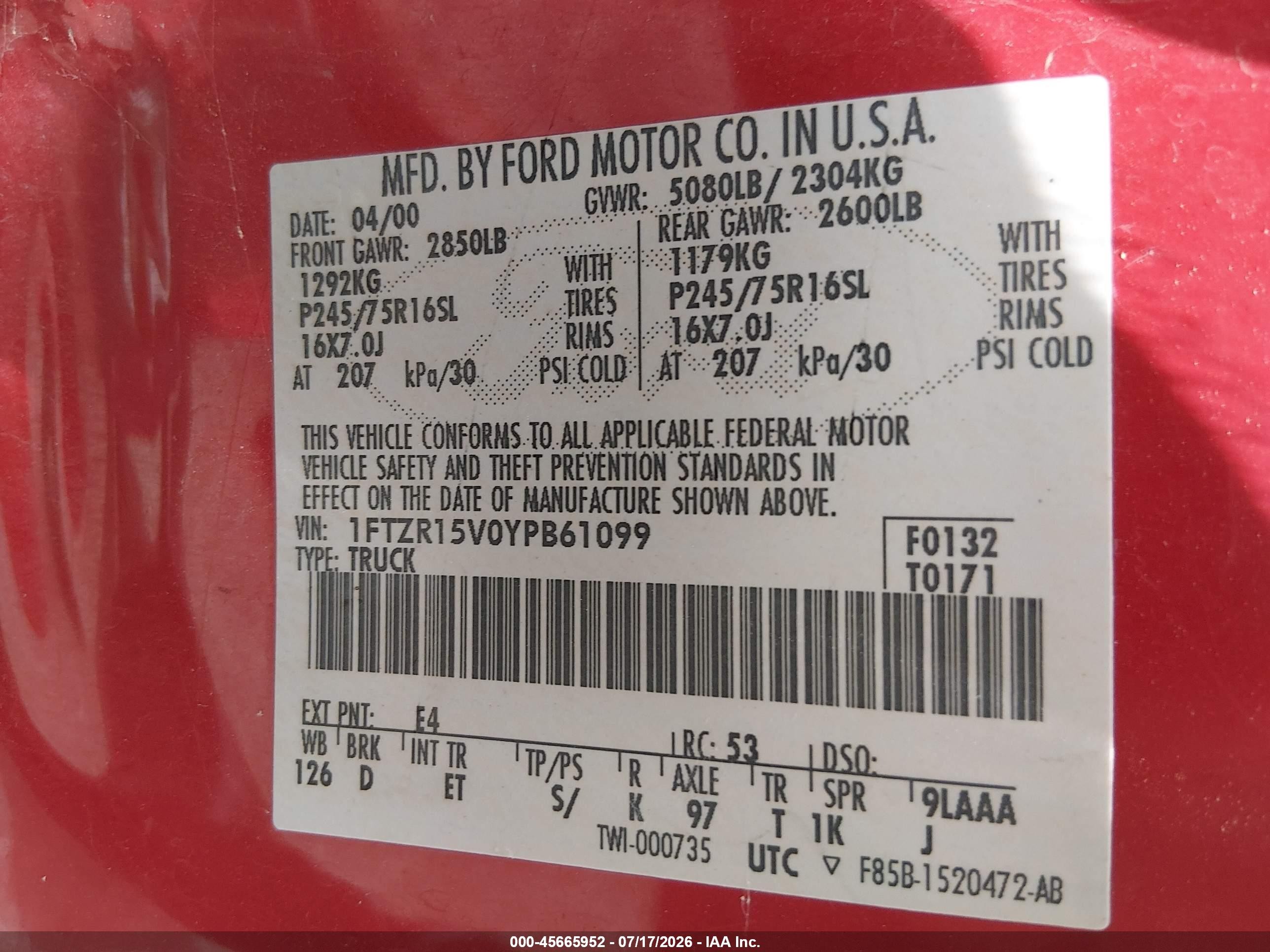 2000 Ford Ranger Xl/xlt Red vin: 1FTZR15V0YPB61099