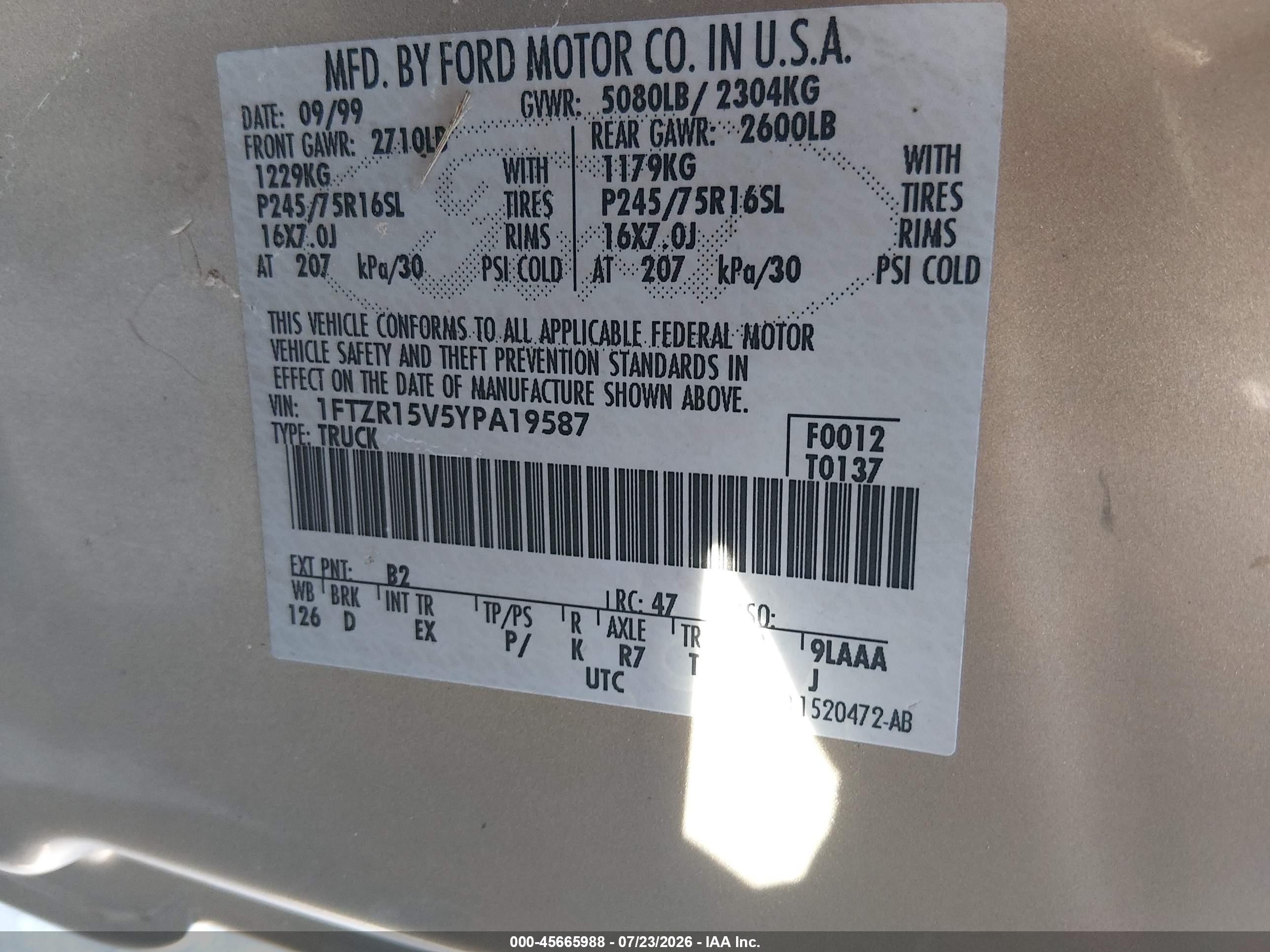 2000 Ford Ranger Xl/xlt Gold vin: 1FTZR15V5YPA19587
