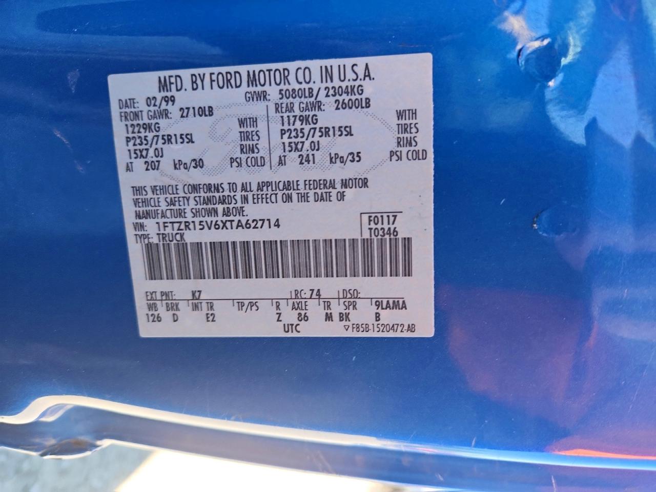 1999 Ford Ranger Super Cab Blue vin: 1FTZR15V6XTA62714