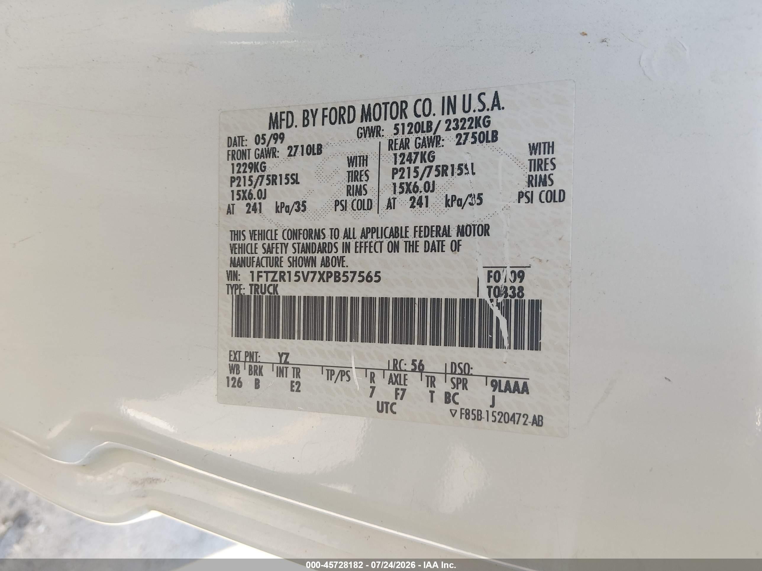 1999 Ford Ranger Xl/xlt White vin: 1FTZR15V7XPB57565