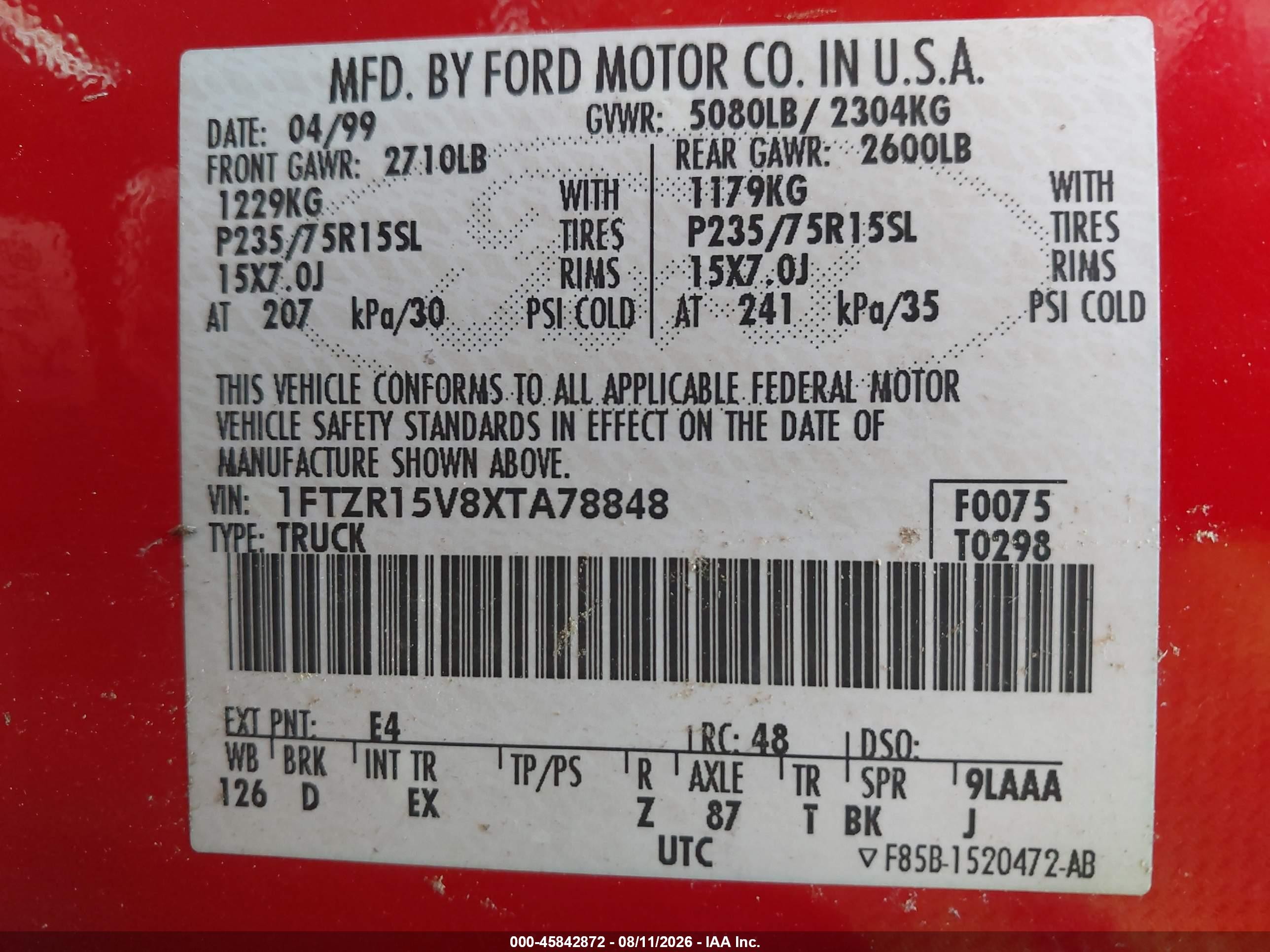 1999 Ford Ranger Xl/xlt Red vin: 1FTZR15V8XTA78848