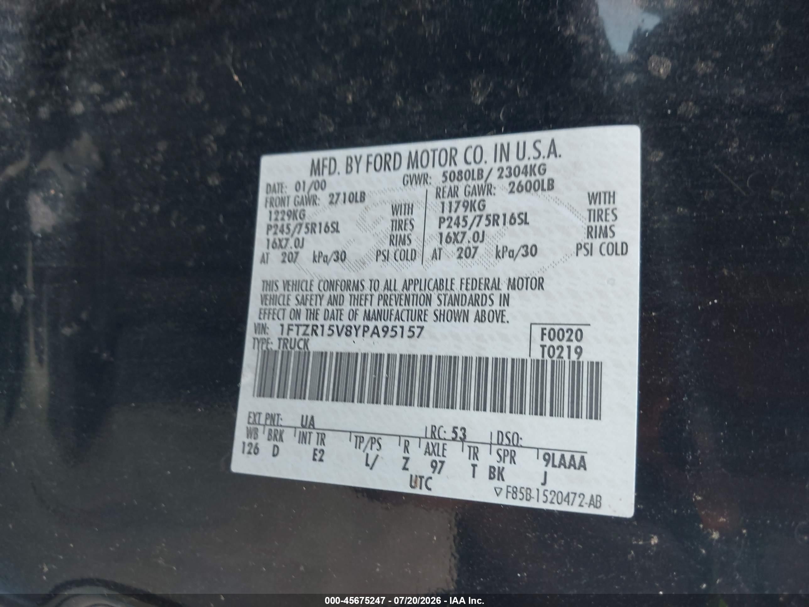 2000 Ford Ranger Xl/xlt Black vin: 1FTZR15V8YPA95157