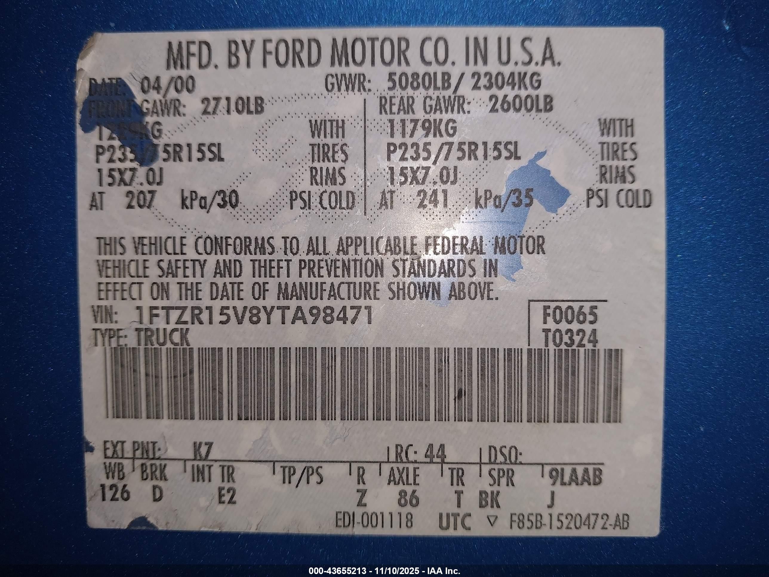 2000 Ford Ranger Xl/xlt Blue vin: 1FTZR15V8YTA98471