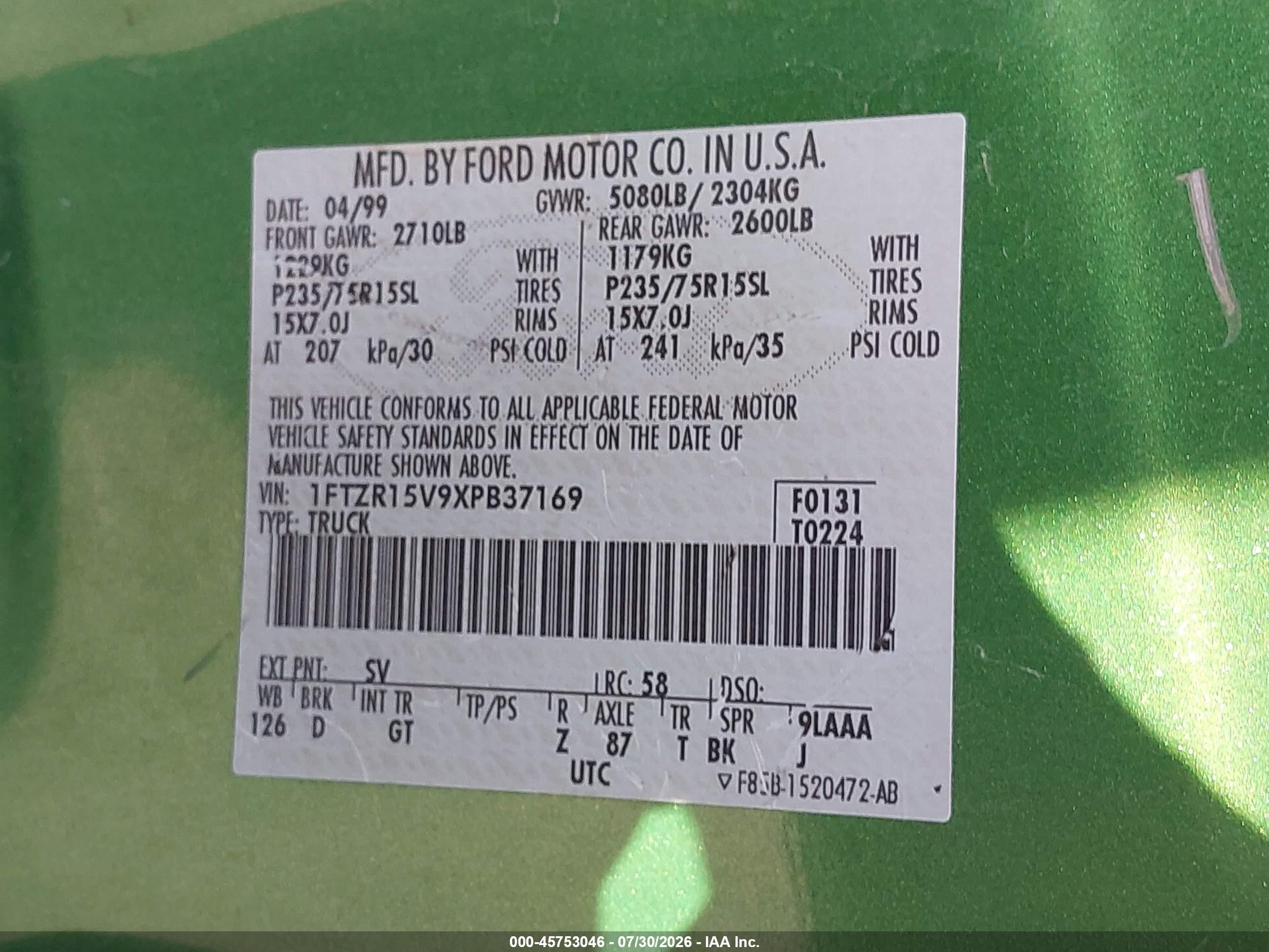 1999 Ford Ranger Xl/xlt Green vin: 1FTZR15V9XPB37169