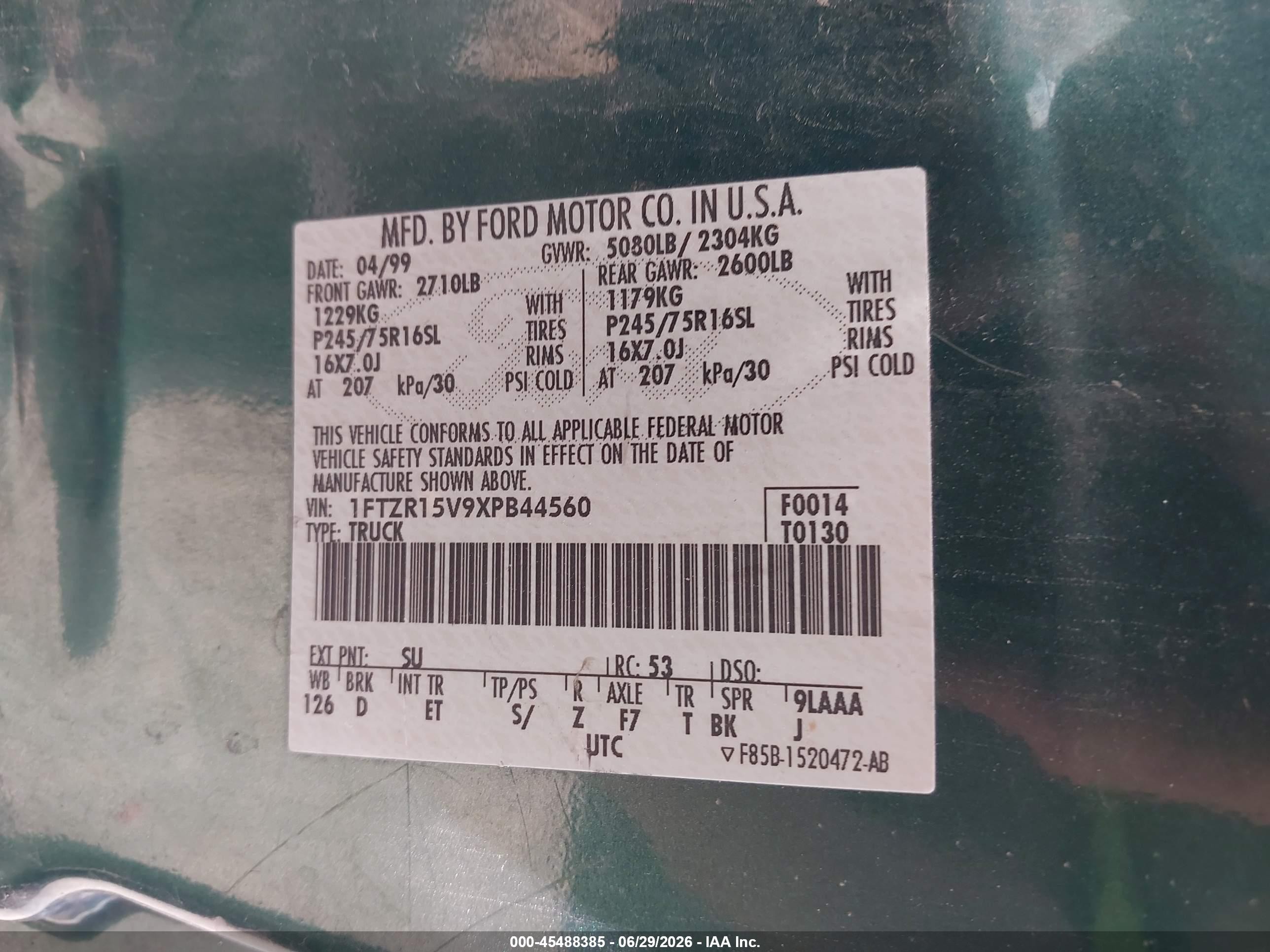 1999 Ford Ranger Xl/xlt Green vin: 1FTZR15V9XPB44560