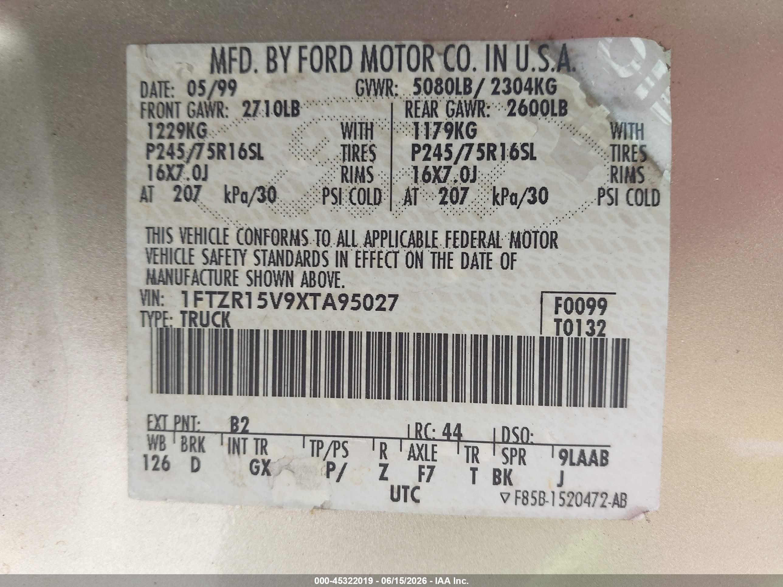 1999 Ford Ranger Xl/xlt Champagne vin: 1FTZR15V9XTA95027