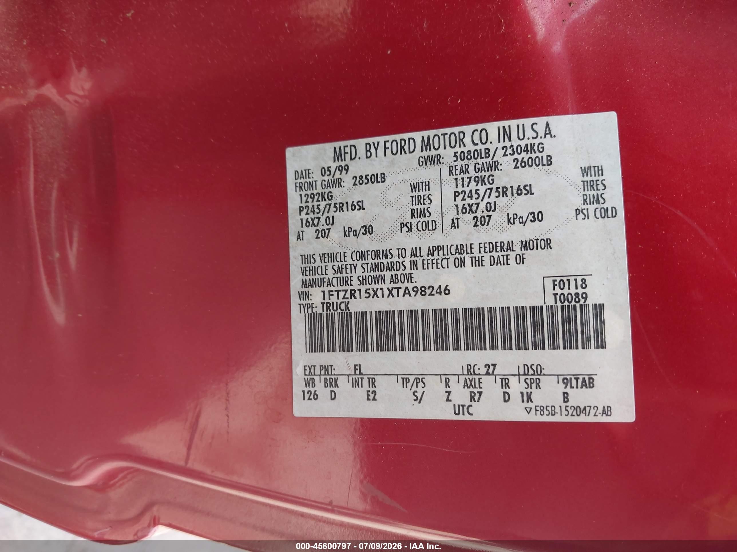 1999 Ford Ranger Xlt Red vin: 1FTZR15X1XTA98246