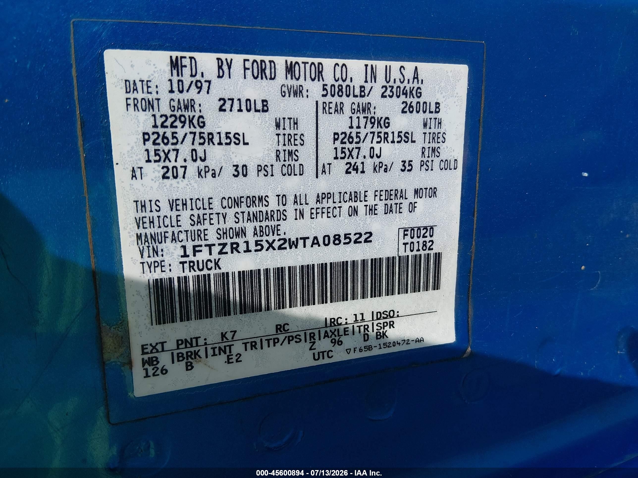 1998 Ford Ranger Splash/xl/xlt Blue vin: 1FTZR15X2WTA08522