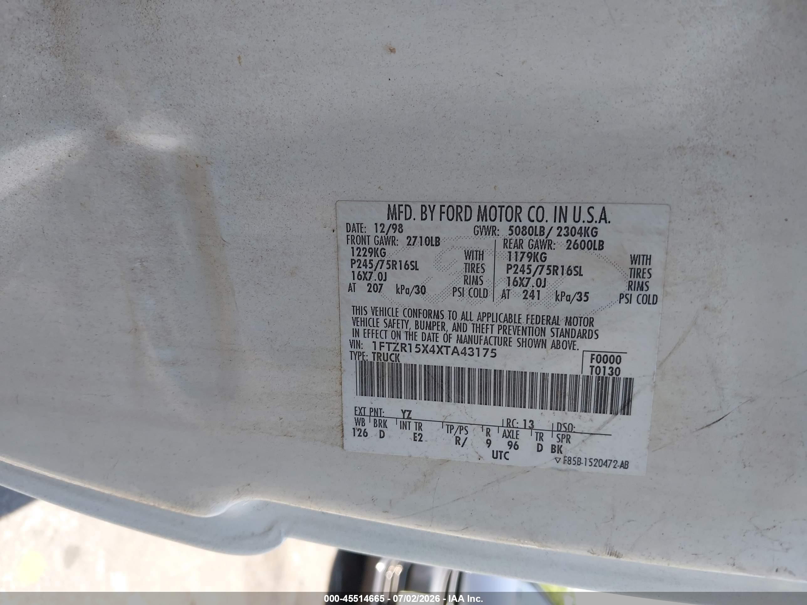 1999 Ford Ranger Xlt White vin: 1FTZR15X4XTA43175