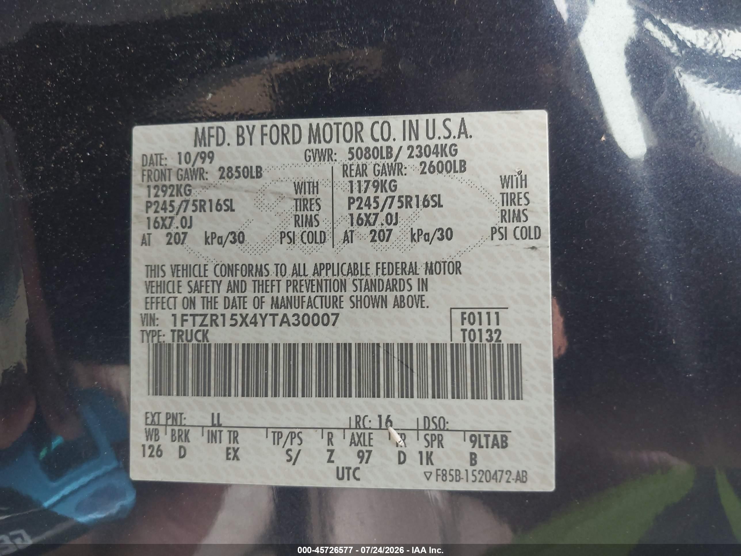 2000 Ford Ranger Xlt Dark Blue vin: 1FTZR15X4YTA30007