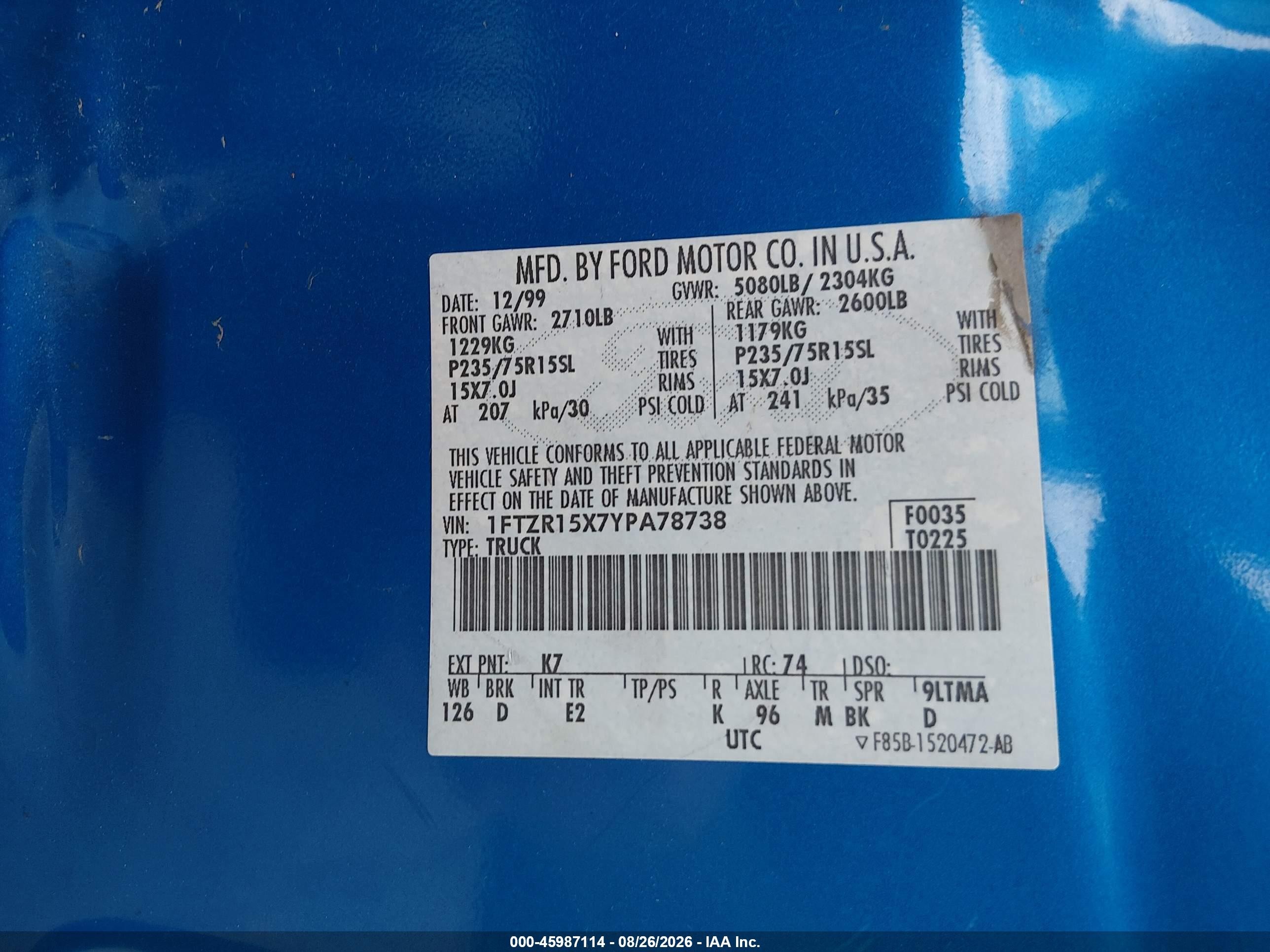 2000 Ford Ranger Xlt Blue vin: 1FTZR15X7YPA78738