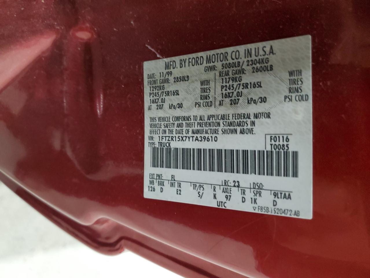 2000 Ford Ranger Super Cab Burgundy vin: 1FTZR15X7YTA39610