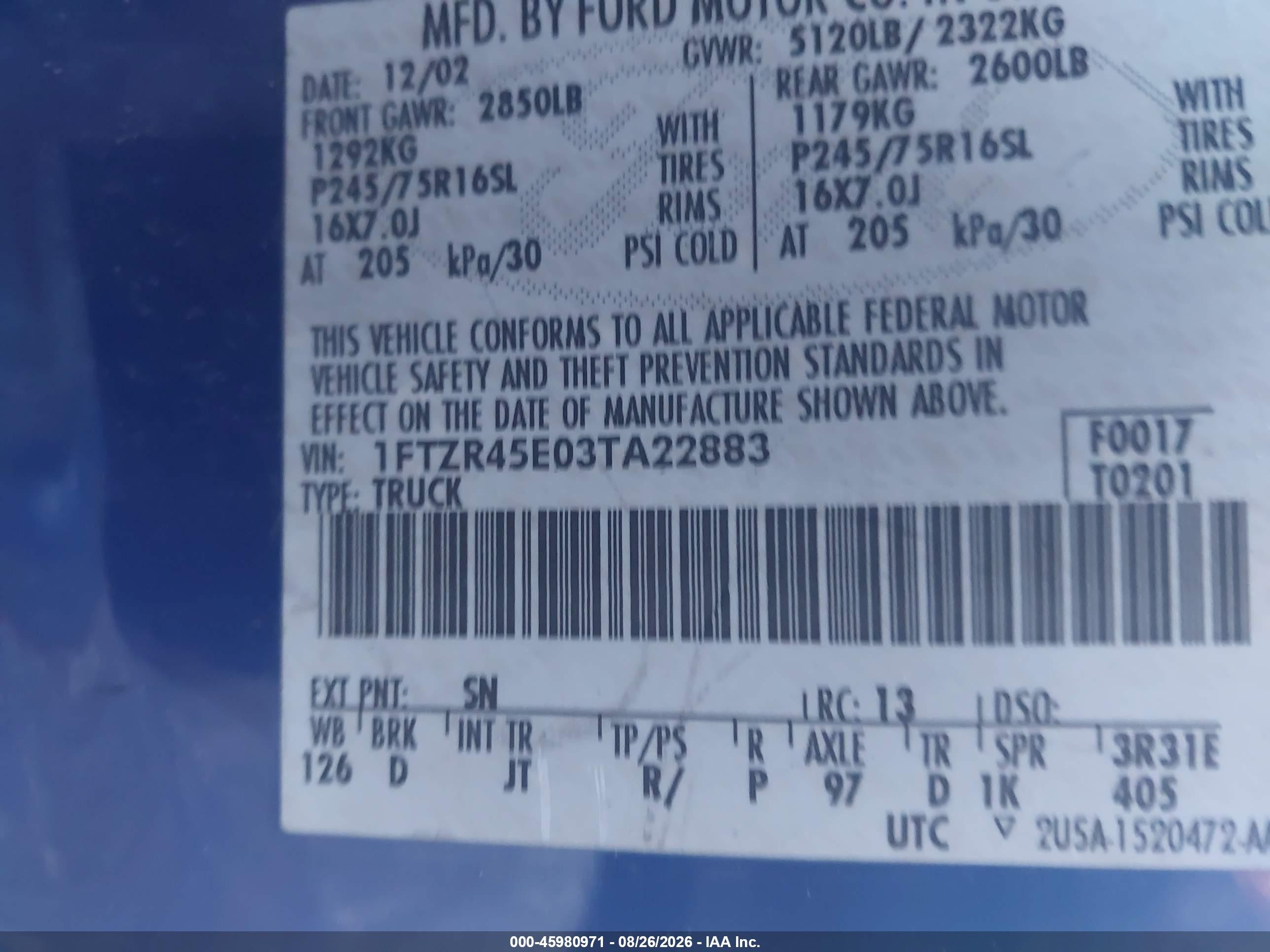 2003 Ford Ranger Edge/xlt Blue vin: 1FTZR45E03TA22883