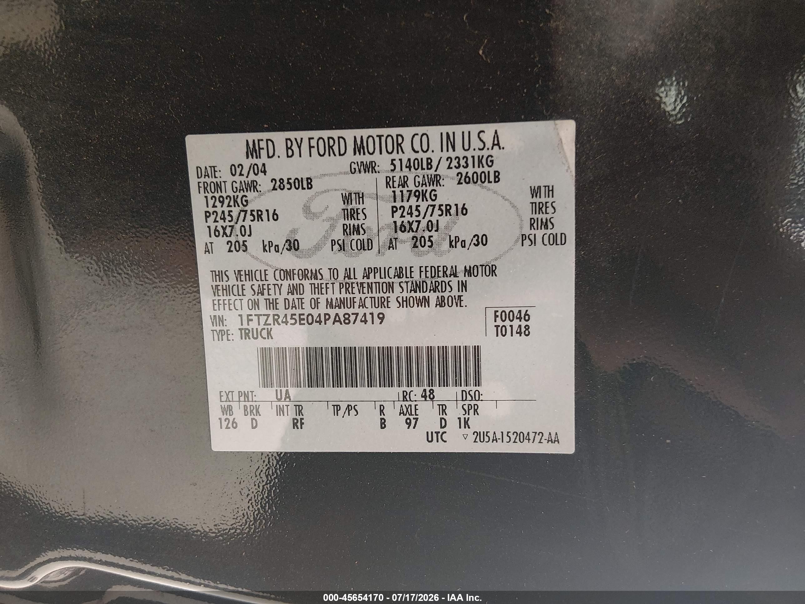 2004 Ford Ranger Edge/tremor/xlt Black vin: 1FTZR45E04PA87419