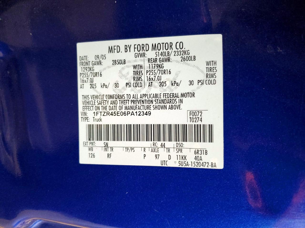 2006 Ford Ranger Super Cab Blue vin: 1FTZR45E06PA12349