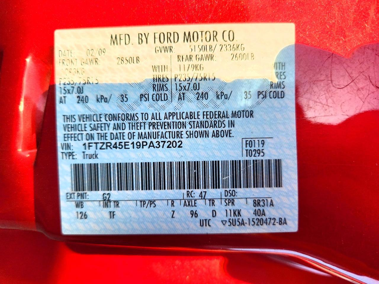 2009 Ford Ranger Super Cab Red vin: 1FTZR45E19PA37202