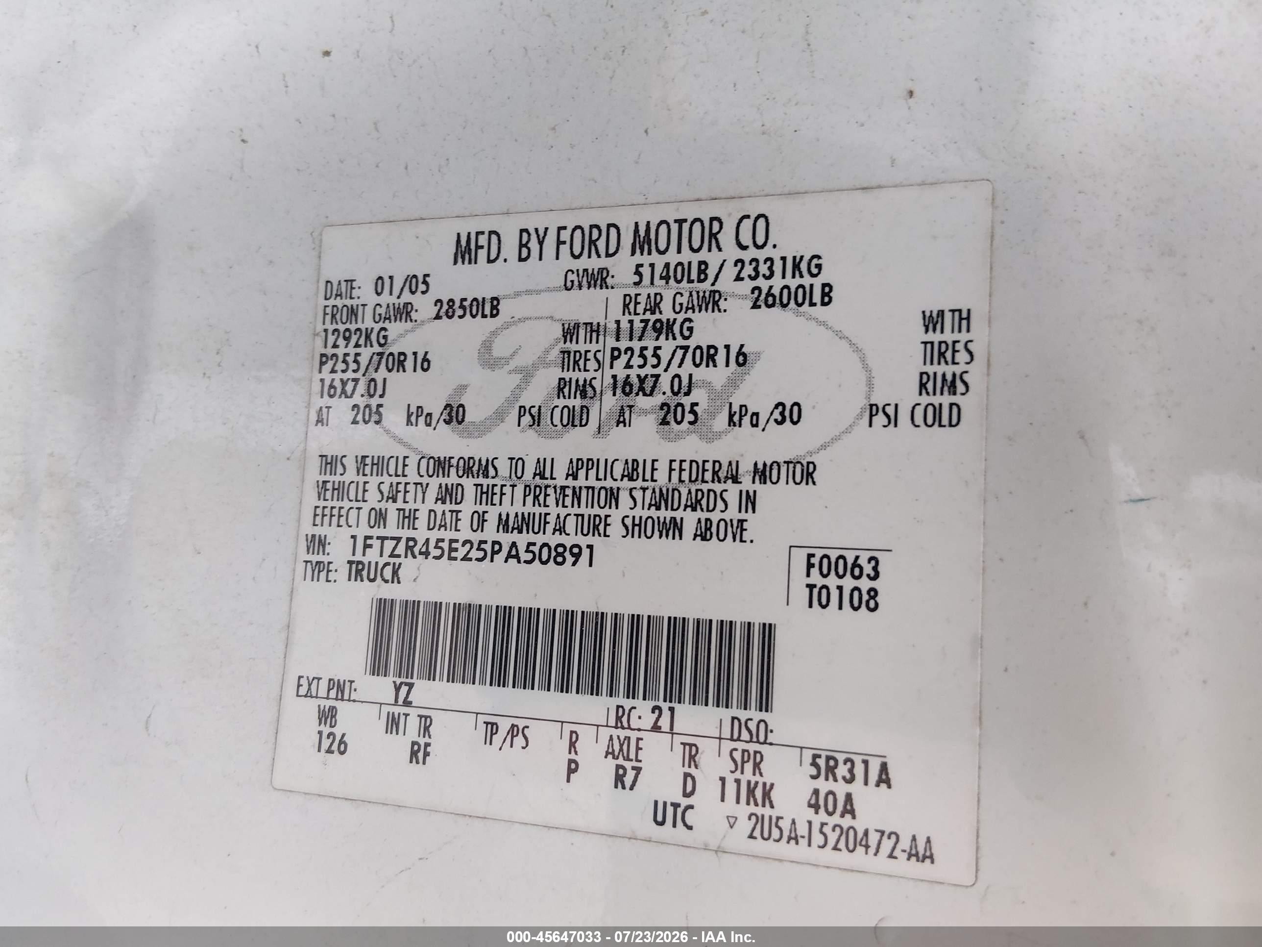 2005 Ford Ranger Edge/fx4 Level Ii/fx4 Off-road/xlt White vin: 1FTZR45E25PA50891