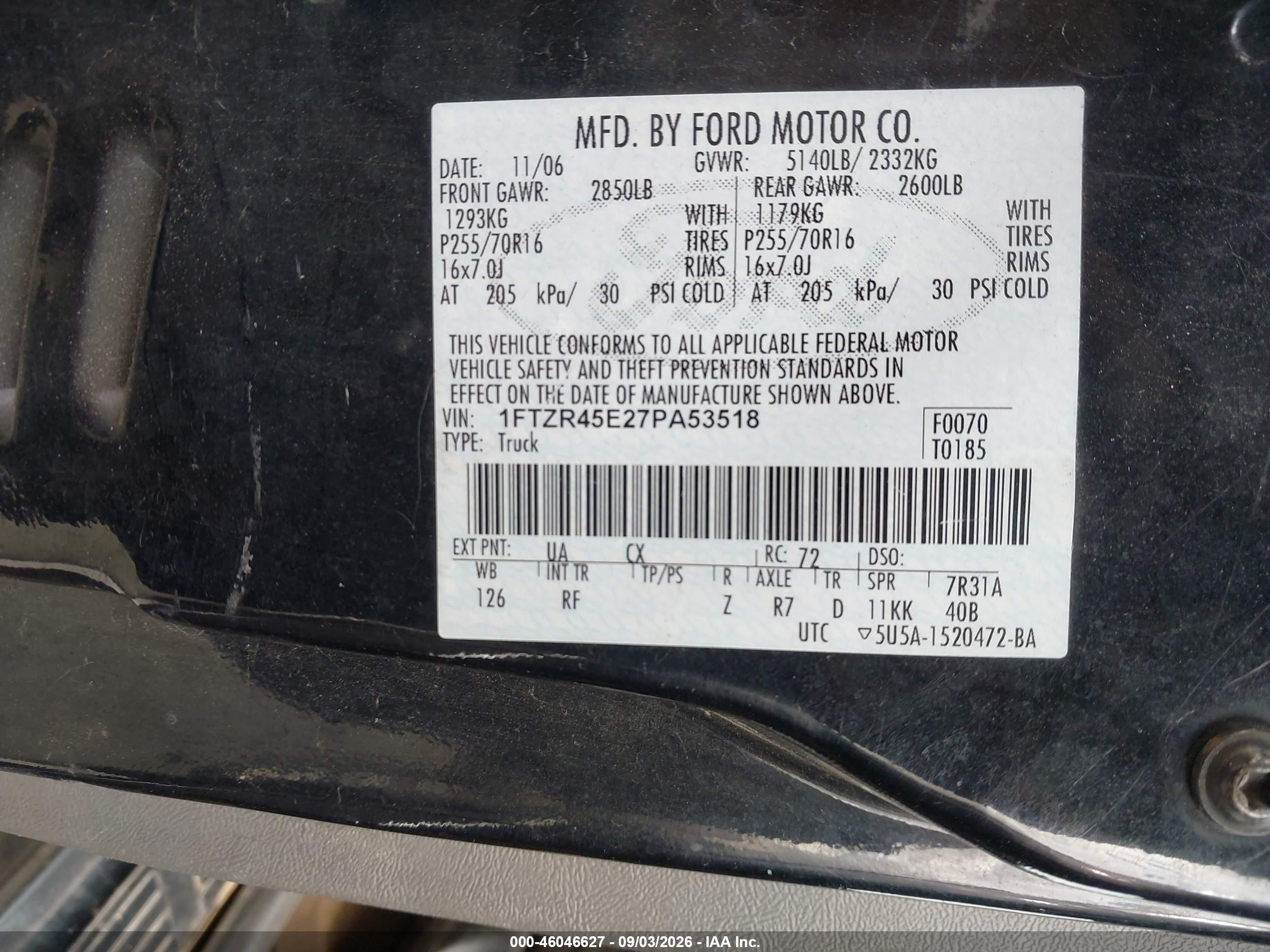2007 Ford Ranger Fx4 Level Ii/fx4 Off-road/sport/xlt Черный vin: 1FTZR45E27PA53518