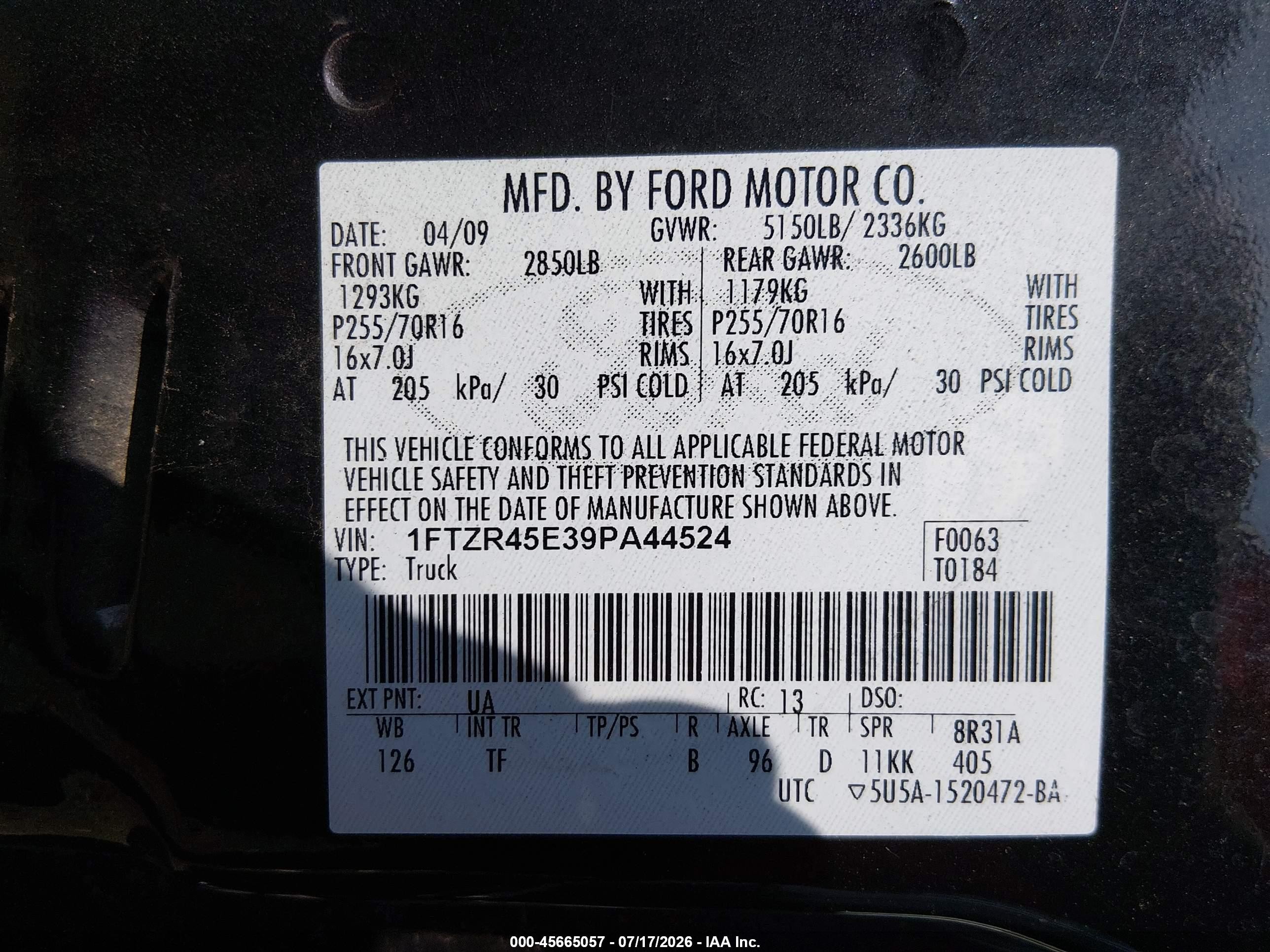 2009 Ford Ranger Fx4 Off-road/sport/xlt Black vin: 1FTZR45E39PA44524