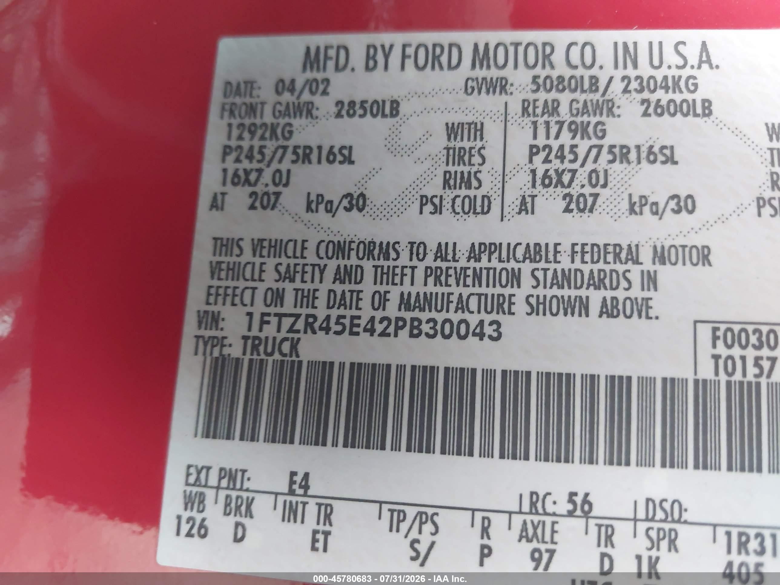 2002 Ford Ranger Edge/xlt Red vin: 1FTZR45E42PB30043