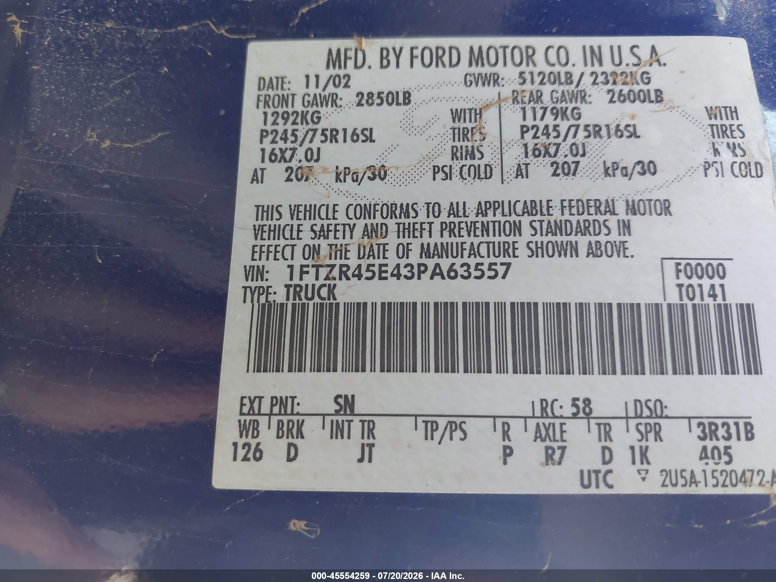2003 Ford Ranger Edge/xlt Blue vin: 1FTZR45E43PA63557