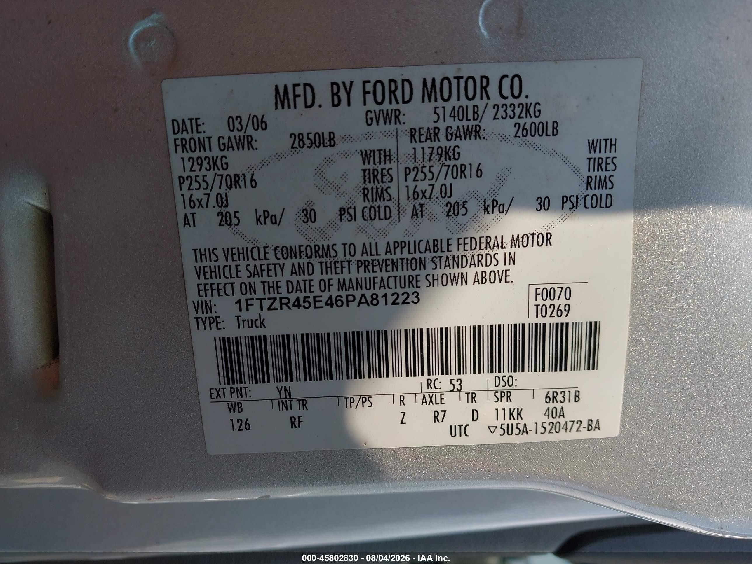 2006 Ford Ranger Fx4 Level Ii/fx4 Off-road/sport/xlt Серый vin: 1FTZR45E46PA81223