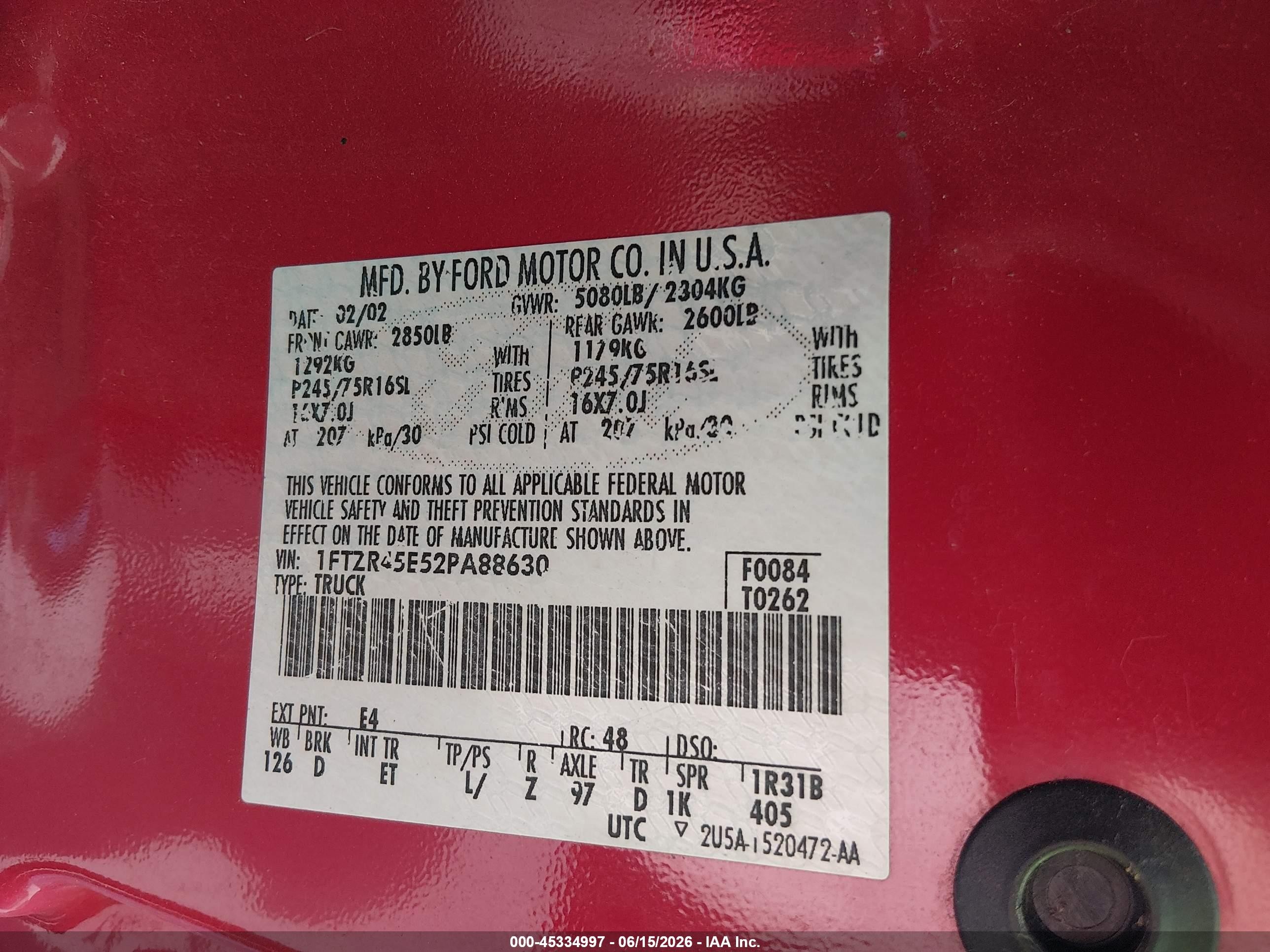 2002 Ford Ranger Edge/xlt Red vin: 1FTZR45E52PA88630
