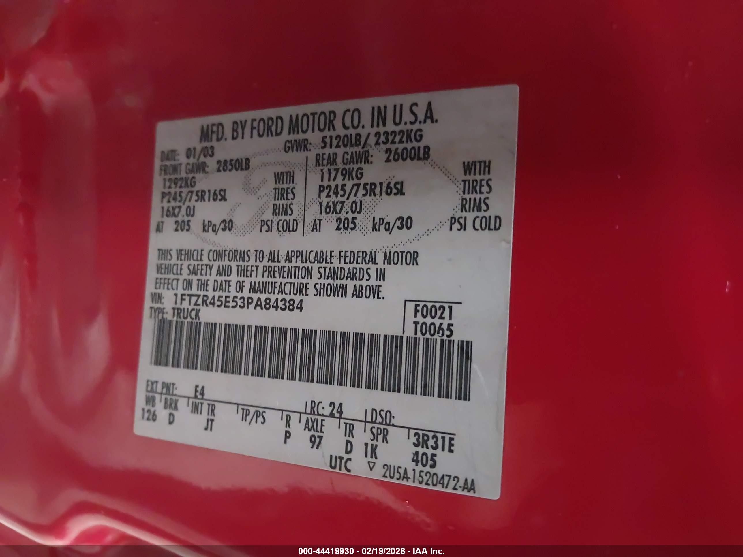 2003 Ford Ranger Edge/xlt Red vin: 1FTZR45E53PA84384