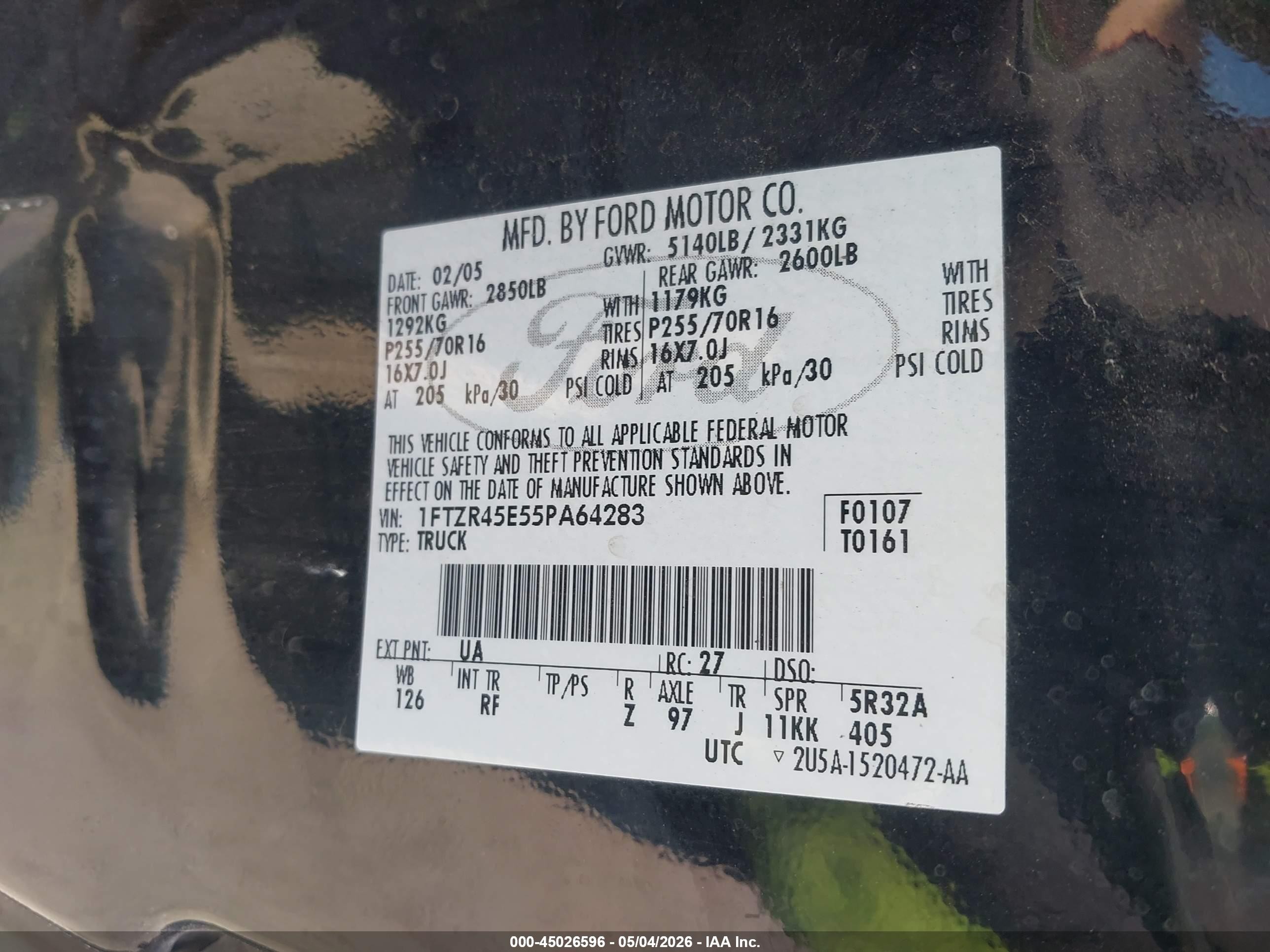 2005 Ford Ranger Edge/fx4 Level Ii/fx4 Off-road/xlt Black vin: 1FTZR45E55PA64283