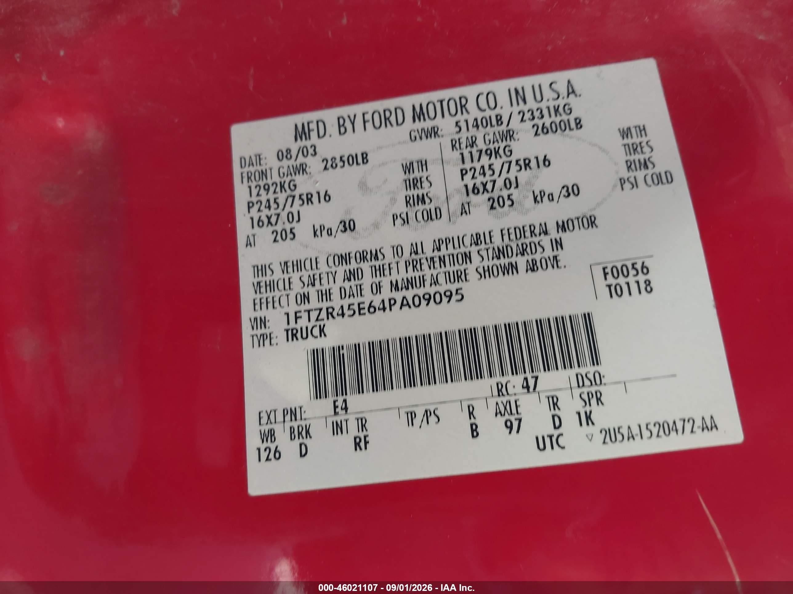 2004 Ford Ranger Edge/tremor/xlt Red vin: 1FTZR45E64PA09095