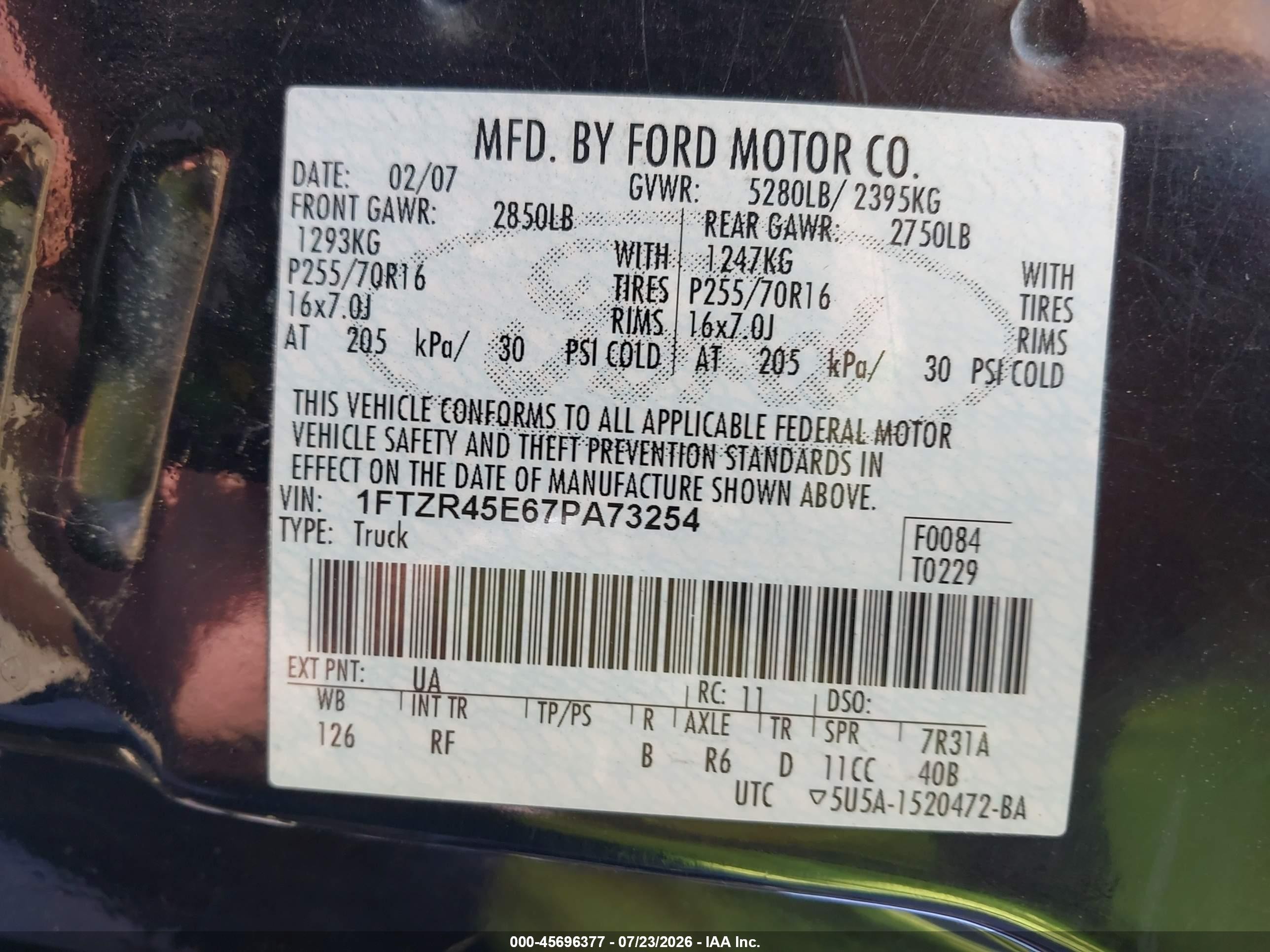 2007 Ford Ranger Fx4 Level Ii/fx4 Off-road/sport/xlt Black vin: 1FTZR45E67PA73254