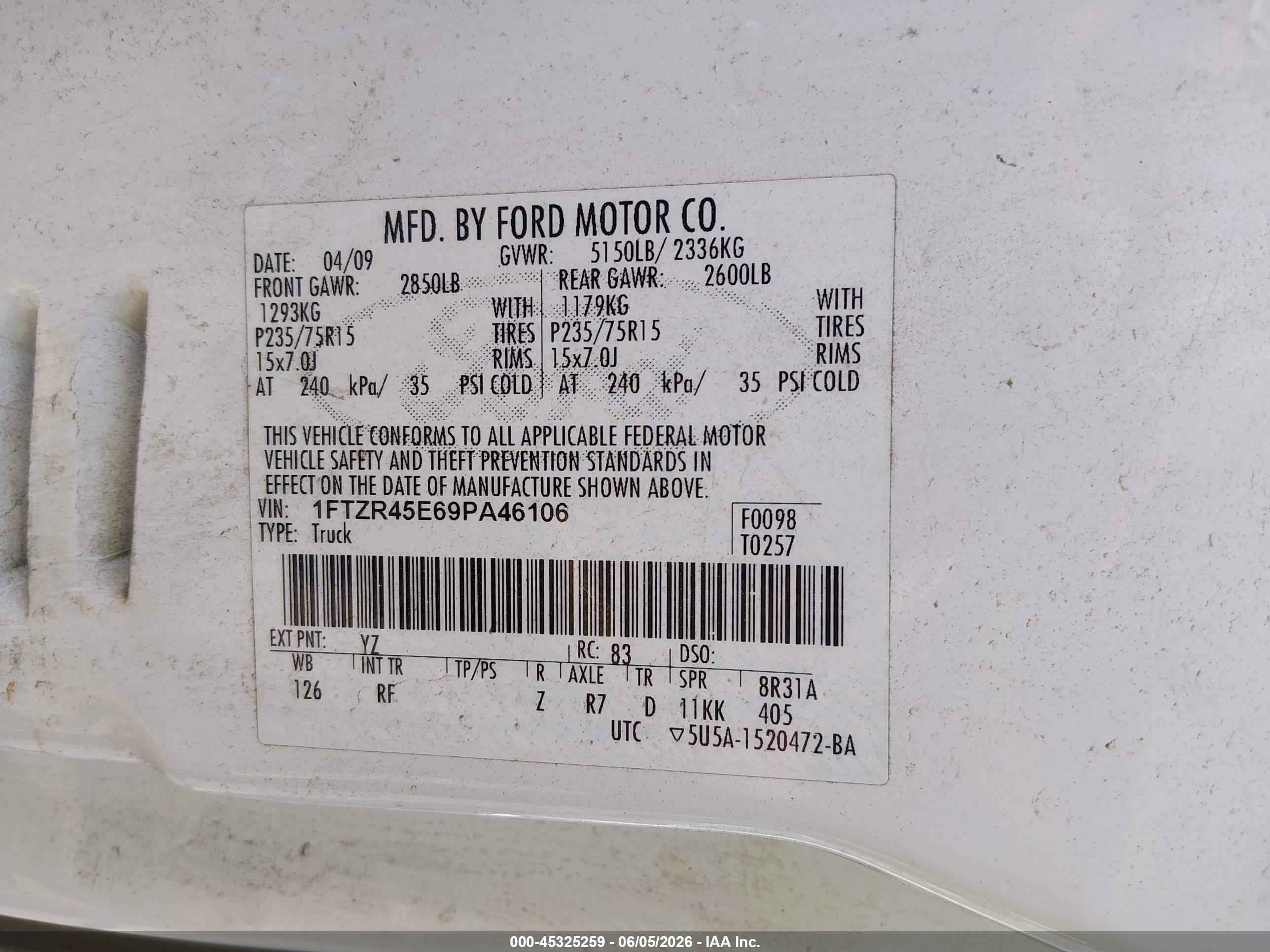 2009 Ford Ranger Fx4 Off-road/sport/xlt White vin: 1FTZR45E69PA46106