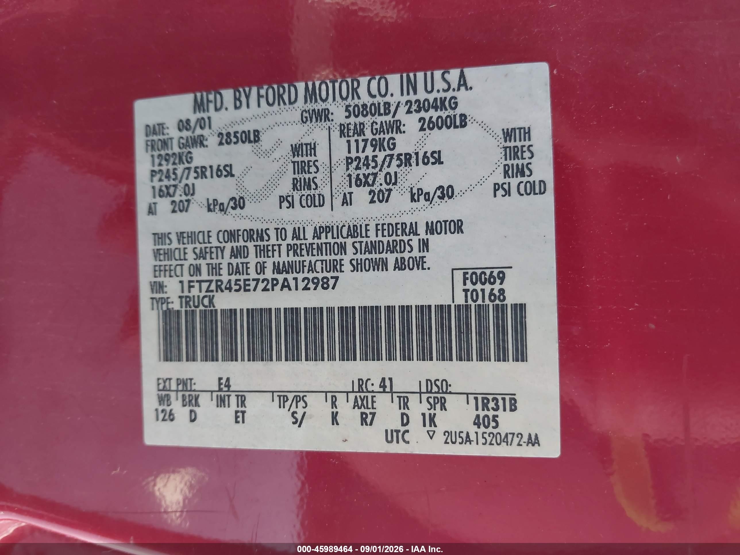 2002 Ford Ranger Edge/xlt Red vin: 1FTZR45E72PA12987