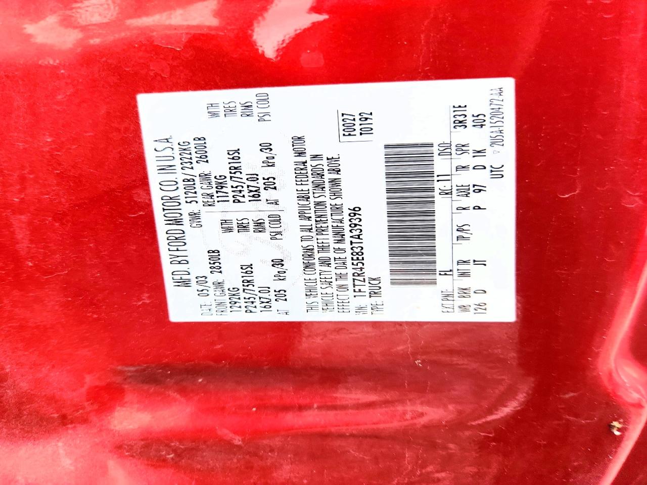 2003 Ford Ranger Super Cab Red vin: 1FTZR45E83TA39396