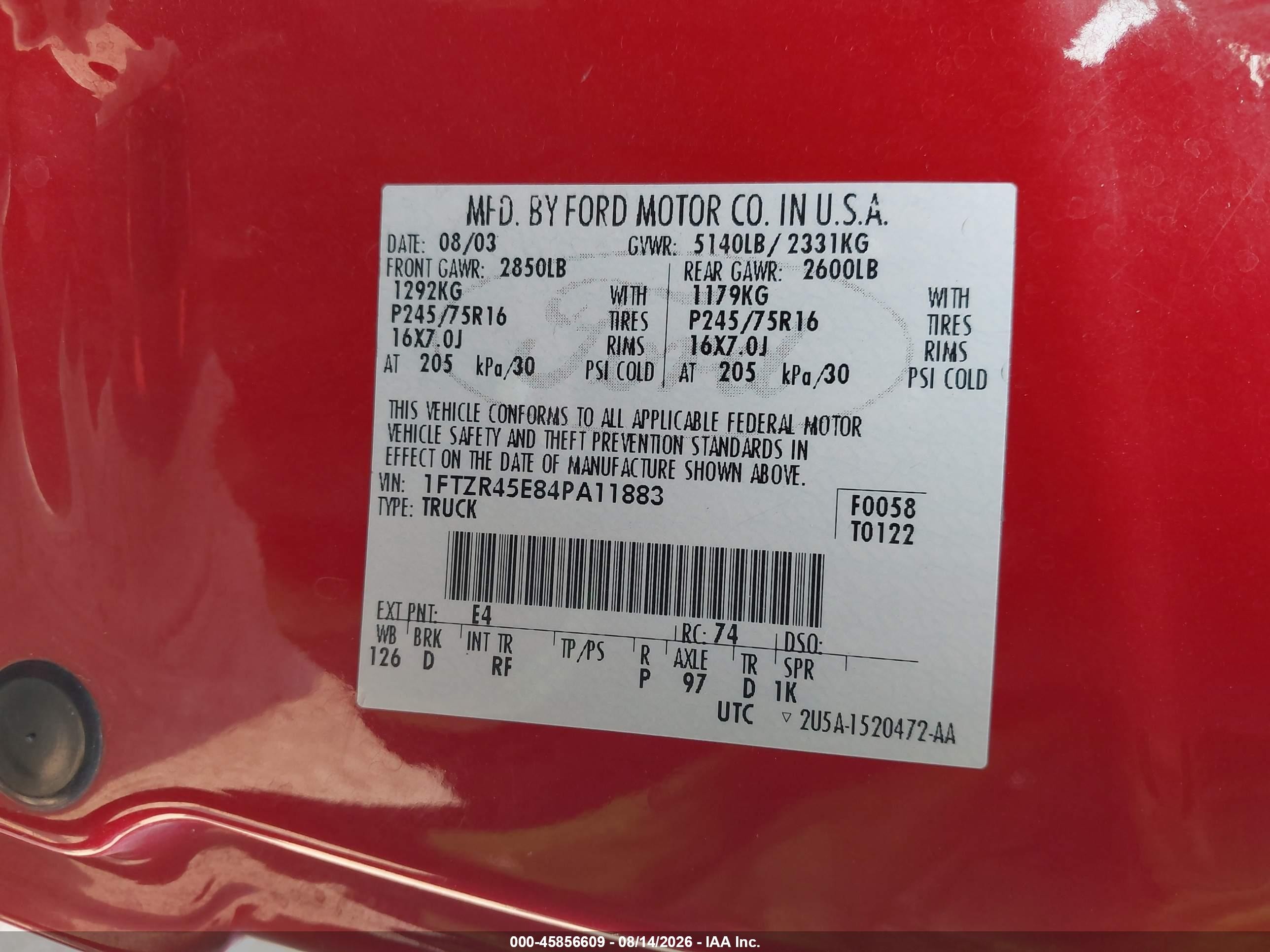 2004 Ford Ranger Edge/tremor/xlt Red vin: 1FTZR45E84PA11883