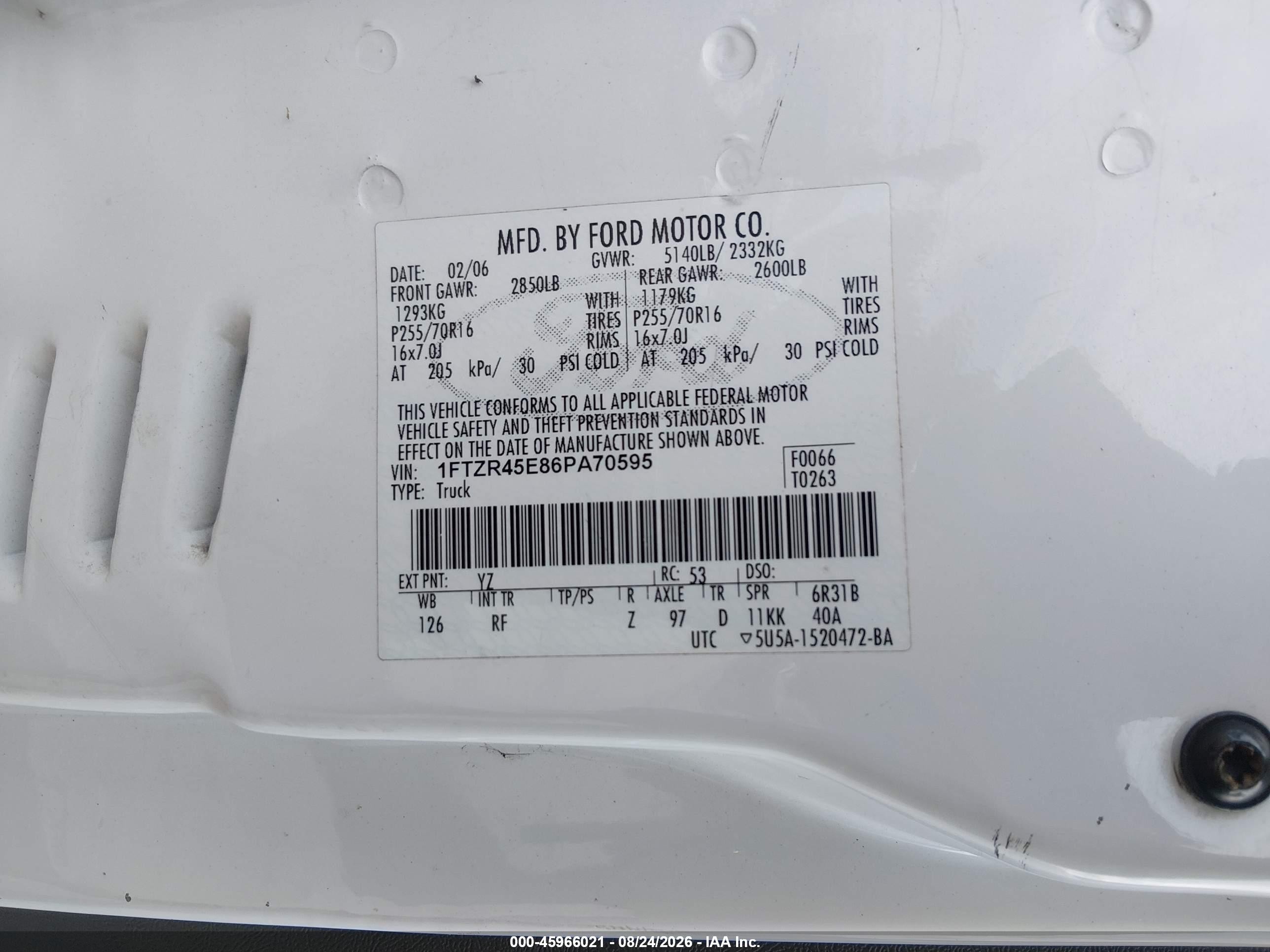 2006 Ford Ranger Fx4 Level Ii/fx4 Off-road/sport/xlt White vin: 1FTZR45E86PA70595