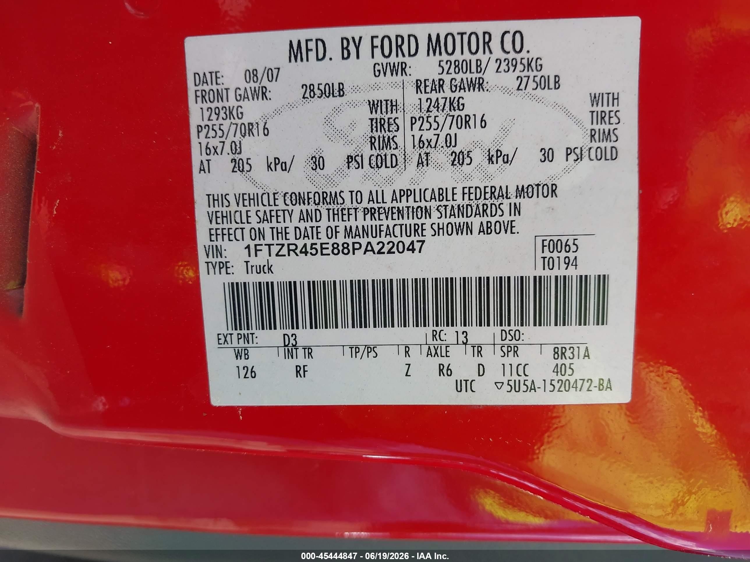 2008 Ford Ranger Fx4 Off-rd/sport/xlt Red vin: 1FTZR45E88PA22047