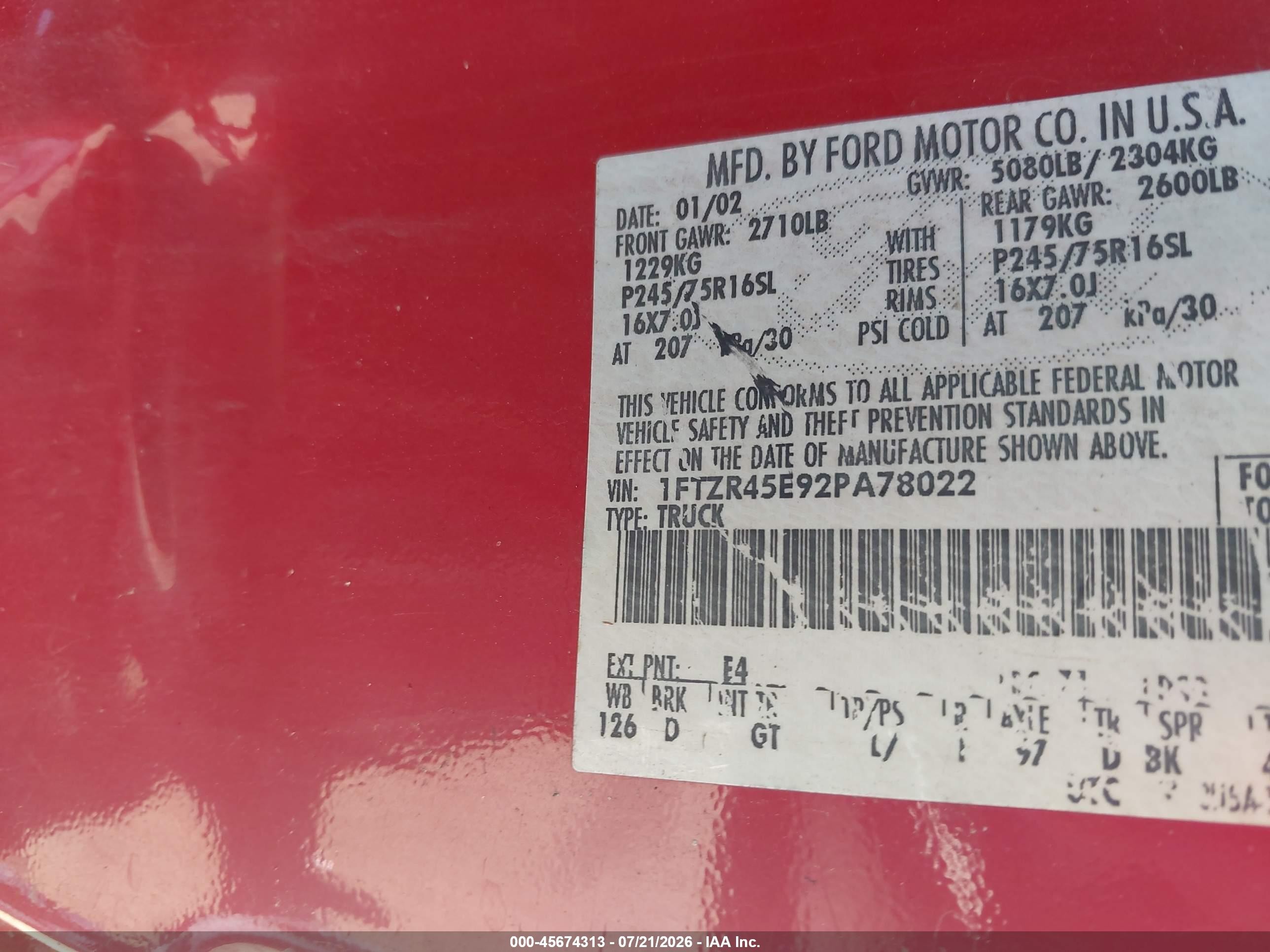 2002 Ford Ranger Edge/xlt Red vin: 1FTZR45E92PA78022