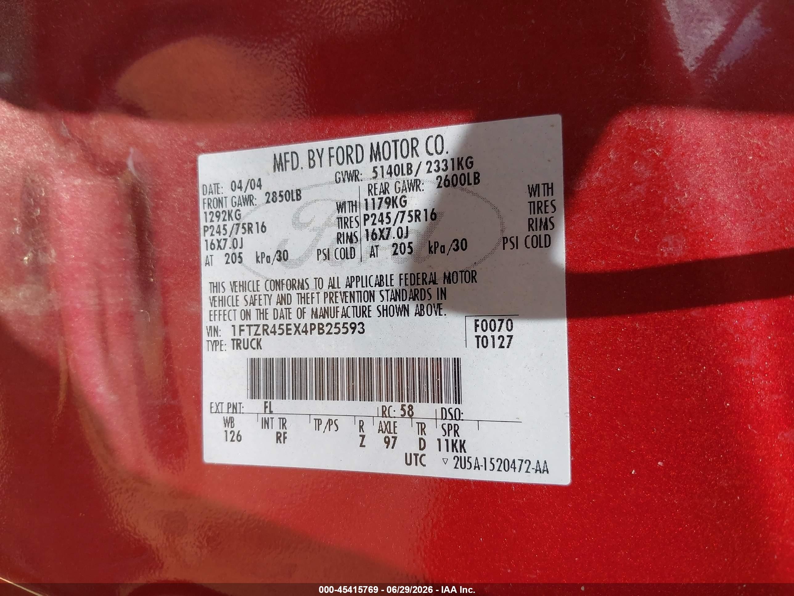 2004 Ford Ranger Edge/tremor/xlt Red vin: 1FTZR45EX4PB25593