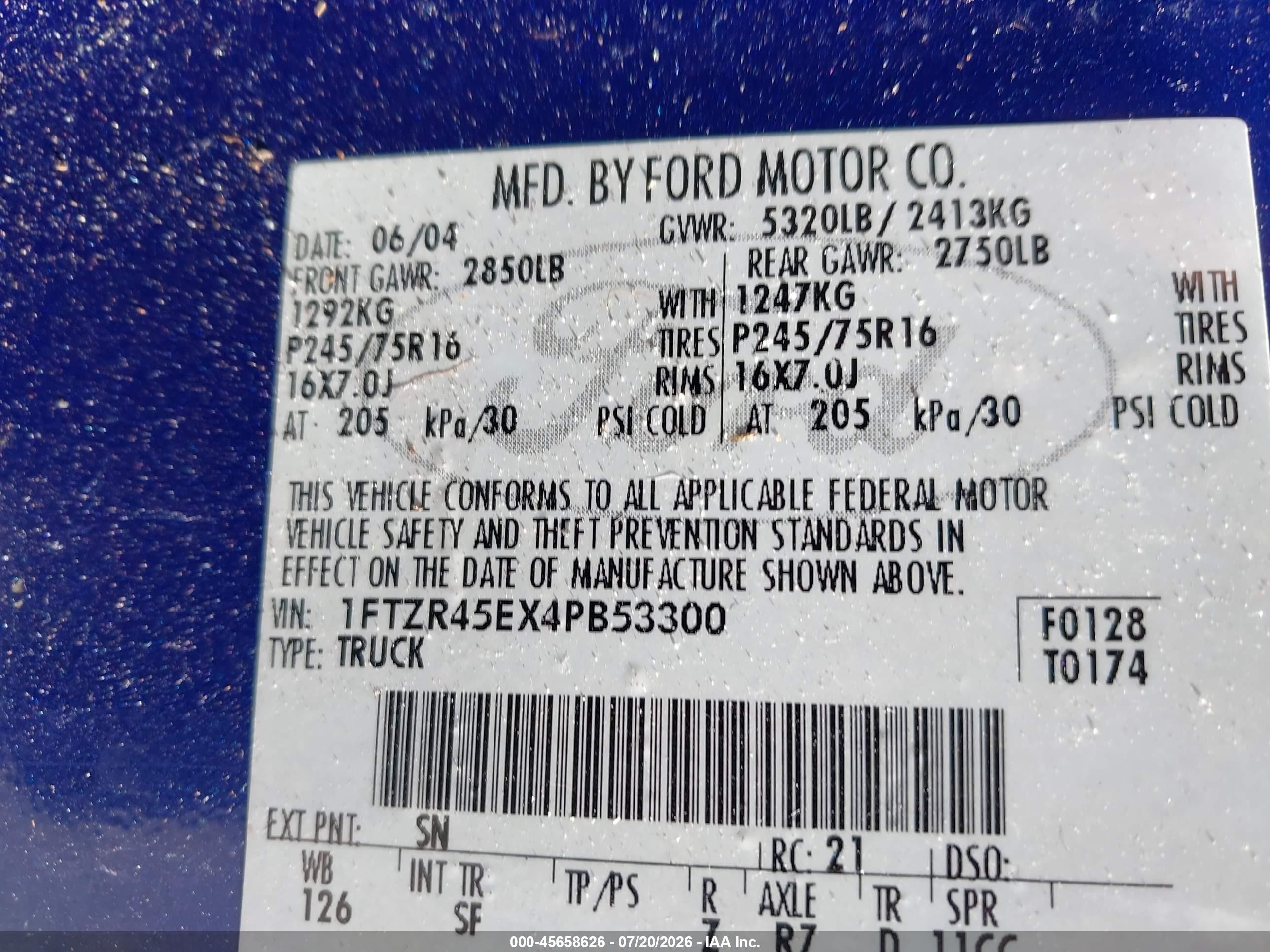 2004 Ford Ranger Edge/tremor/xlt Blue vin: 1FTZR45EX4PB53300